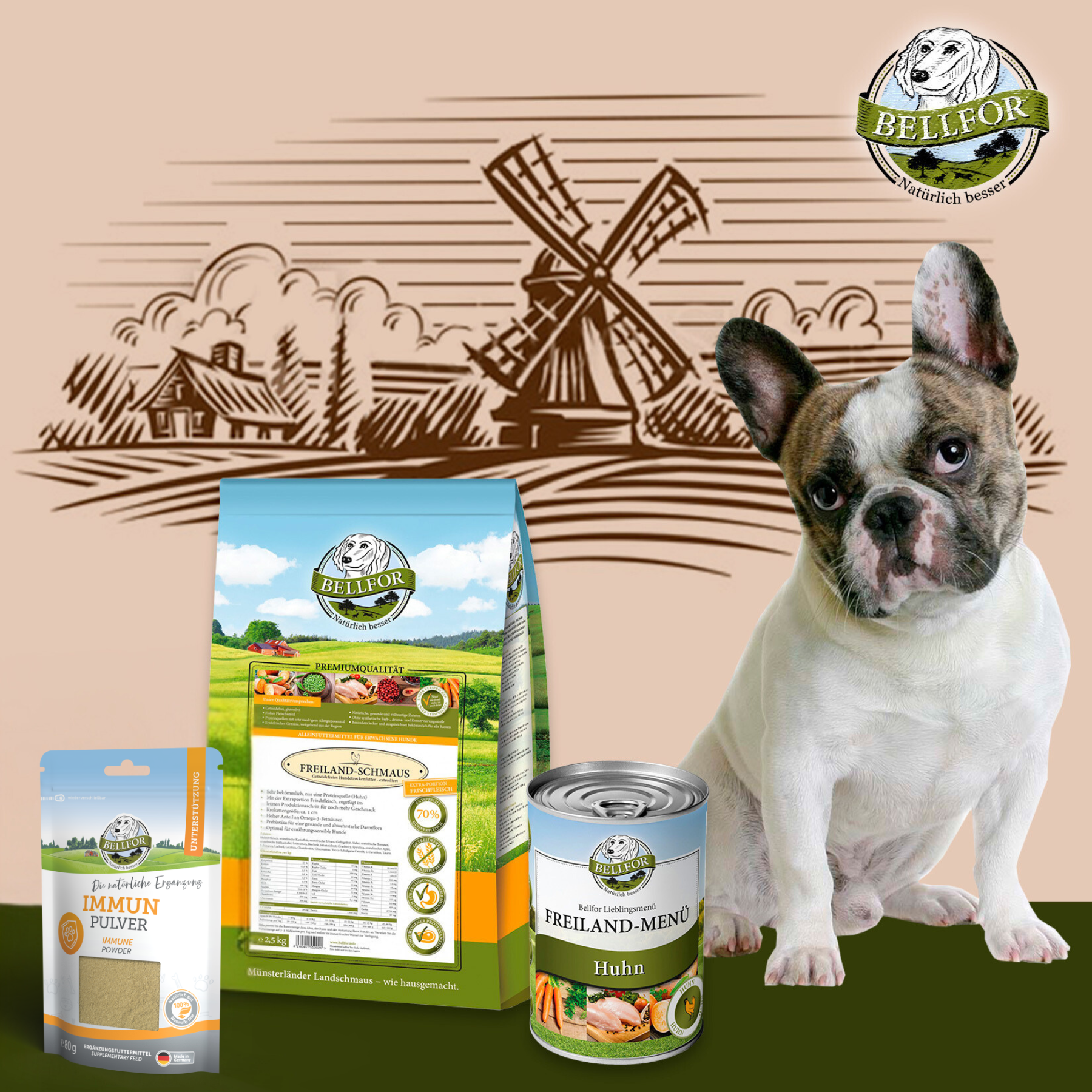 Französische Bulldogge Futter Set - Freiland-Schmaus 2,5 kg + Freiland-Menü 400 g + Immun Pulver 80 g