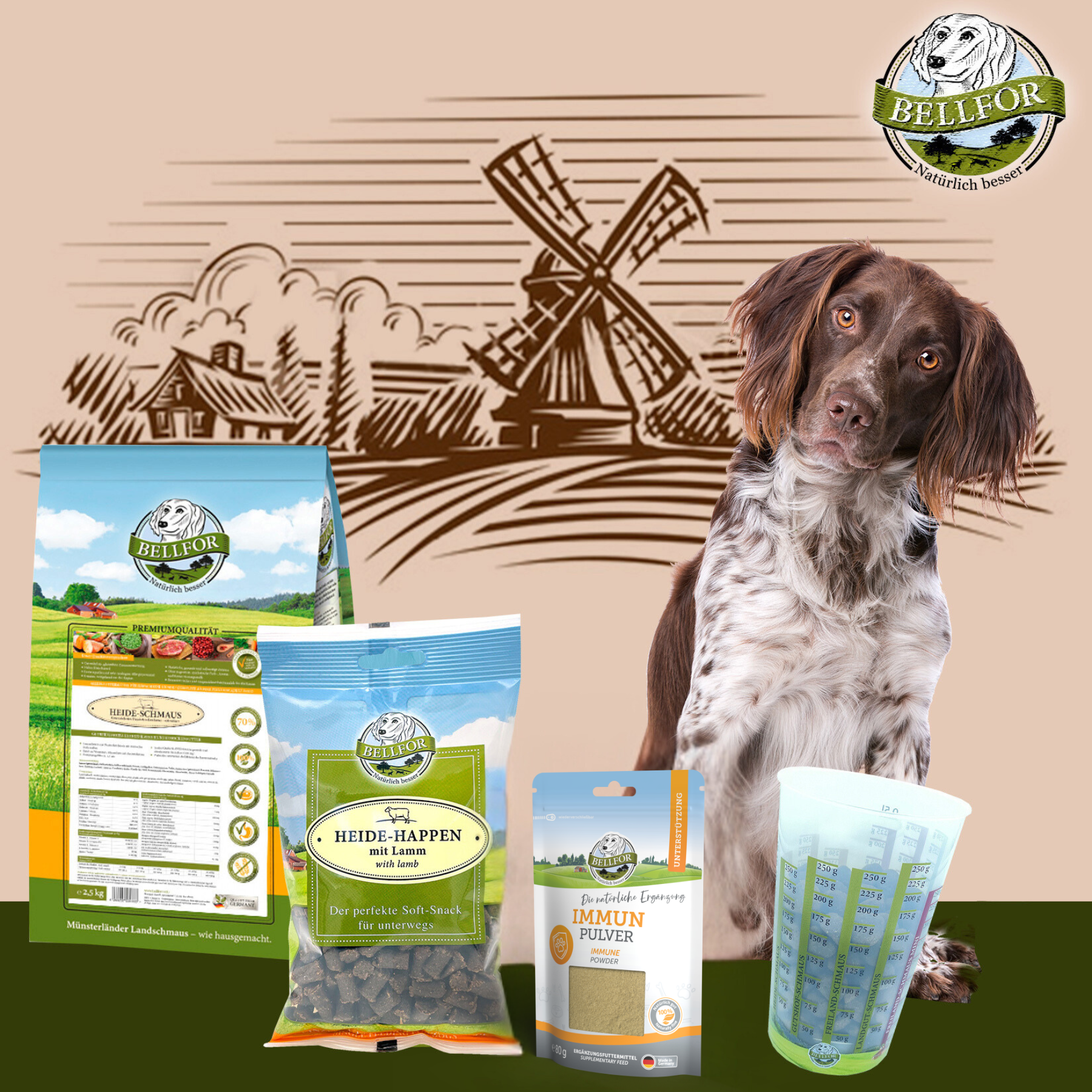 Kleiner Münsterländer Futter Set - Heide-Schmaus 2,5 kg + Heide-Happen 200 g + Immun Pulver 80 g + 1 Messbecher