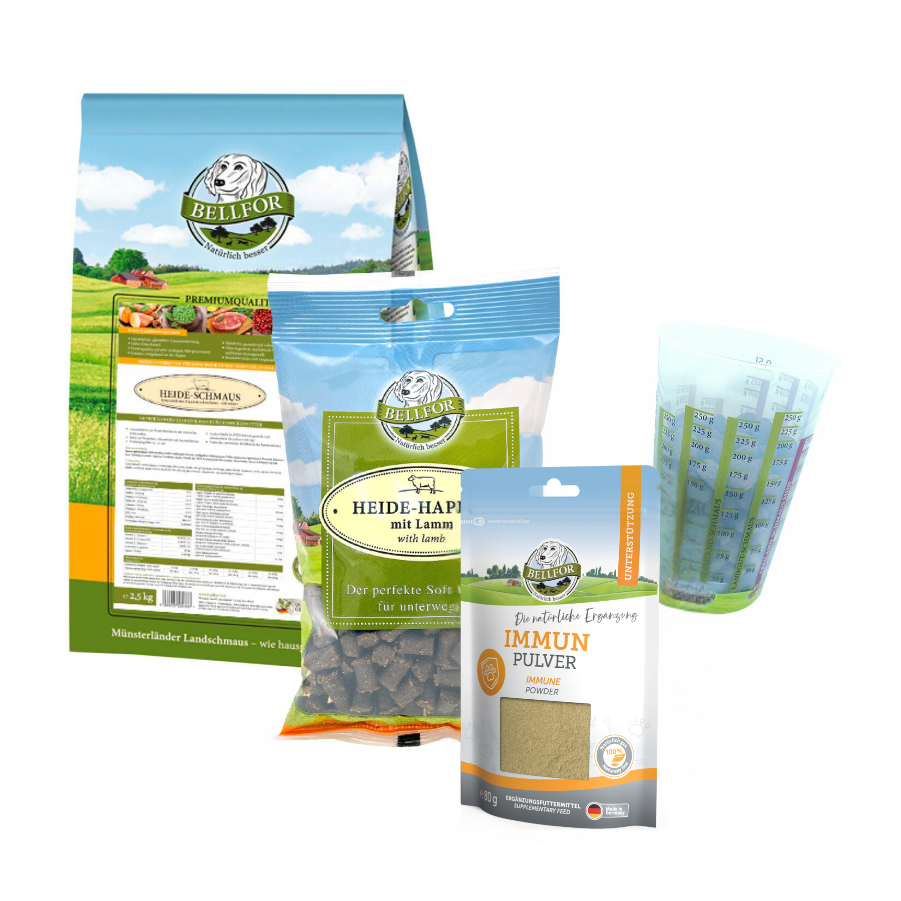 Kleiner Münsterländer Futter Set - Heide-Schmaus 2,5 kg + Heide-Happen 200 g + Immun Pulver 80 g + 1 Messbecher