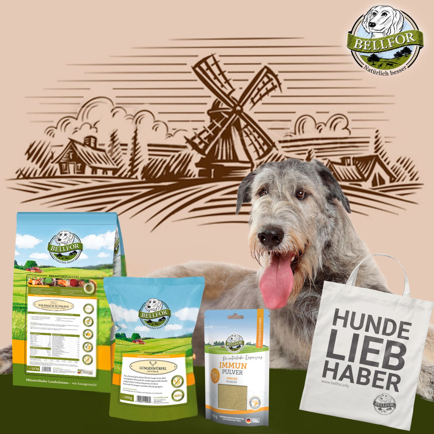 Irischer Wolfshund Futter Set - Naturgut-Schmaus 4 kg + Immun Pulver 80 g + Hirsch Lungenwürfel 200 g + 1 Jutebeutel