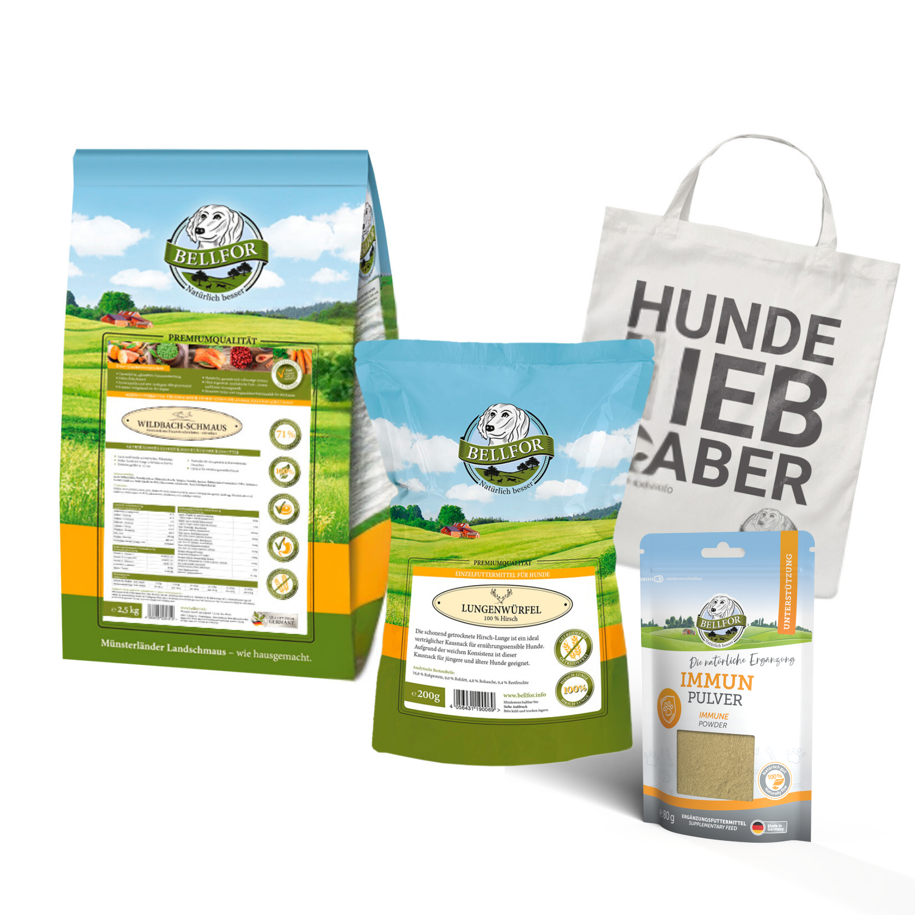 Irischer Wolfshund Futter Set - Naturgut-Schmaus 4 kg + Immun Pulver 80 g + Hirsch Lungenwürfel 200 g + 1 Jutebeutel