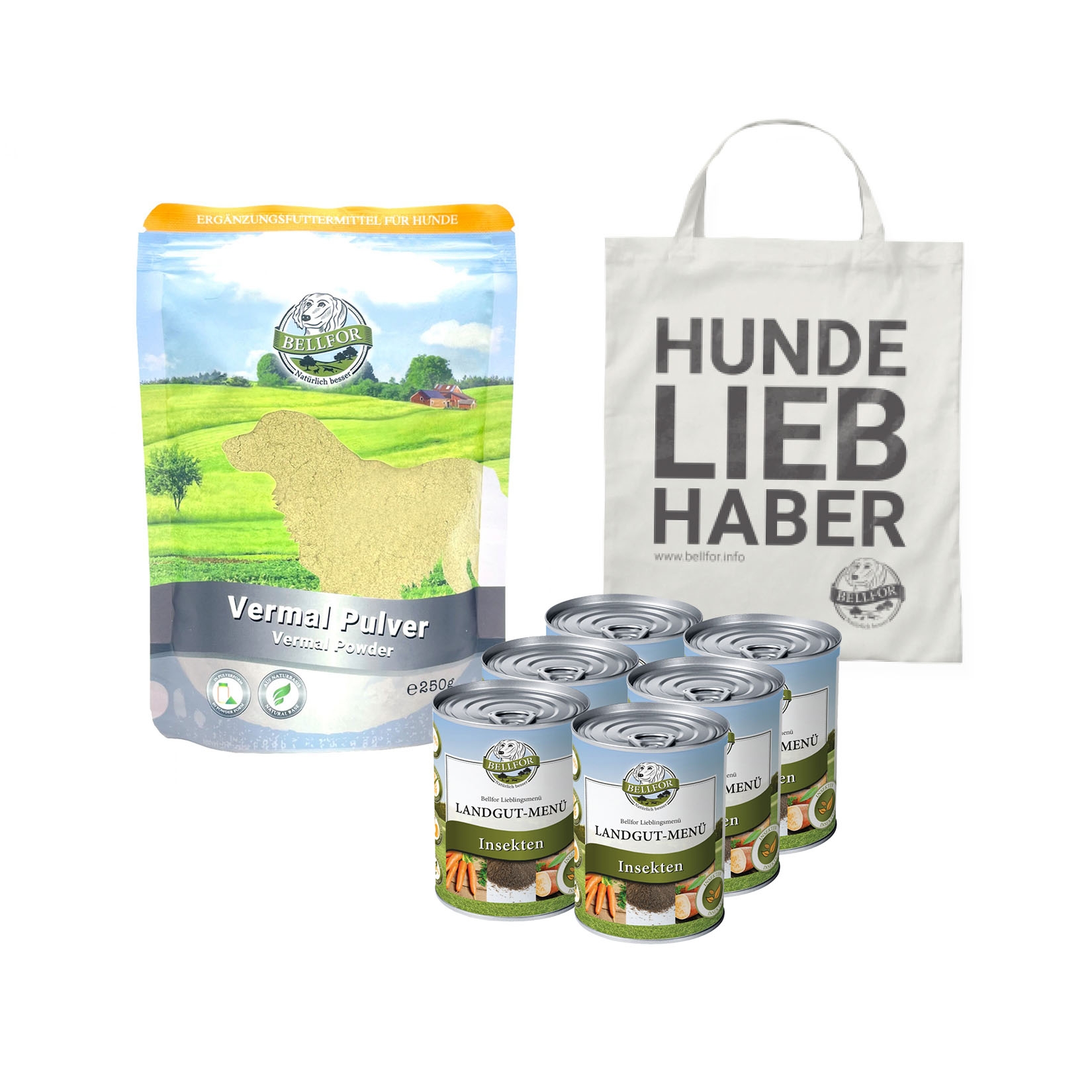 Sparset für große Hunde mit Giardien von Bellfor Hundefutter - Landgut-Menü 6 x 800 g + Vermal Pulver 250 g