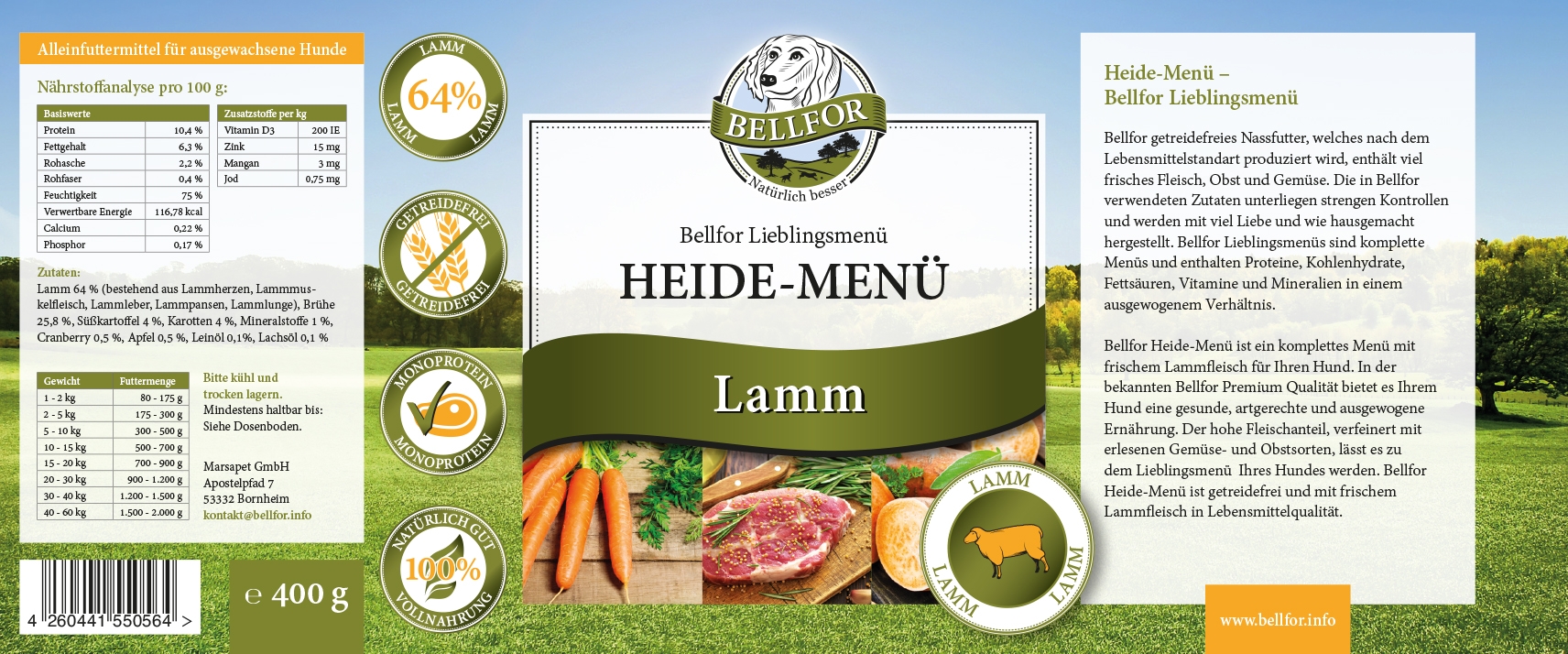 Starter-Paket Hundefutter Nass mit Huhn, Lamm und Insekten - Freiland-Menü 2 x 400 g + Heide-Menü 2 x 400 g + Landgut-Menü 2 x 400 g