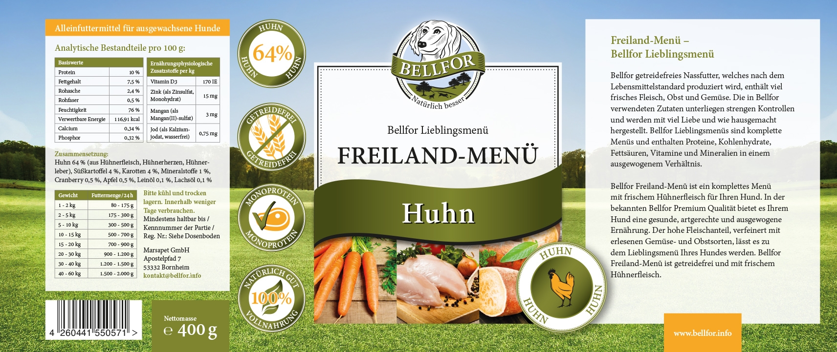 Starter-Paket Hundefutter Nass mit Huhn, Lamm und Insekten - Freiland-Menü 2 x 400 g + Heide-Menü 2 x 400 g + Landgut-Menü 2 x 400 g