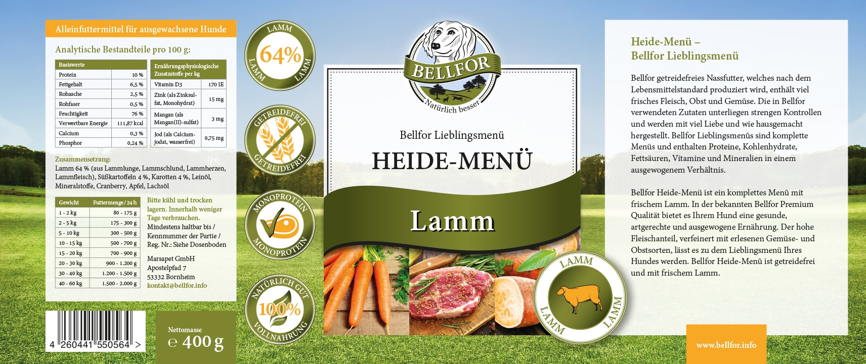 Hundefutter Nass mit Lamm - Heide-Menü - 400 g