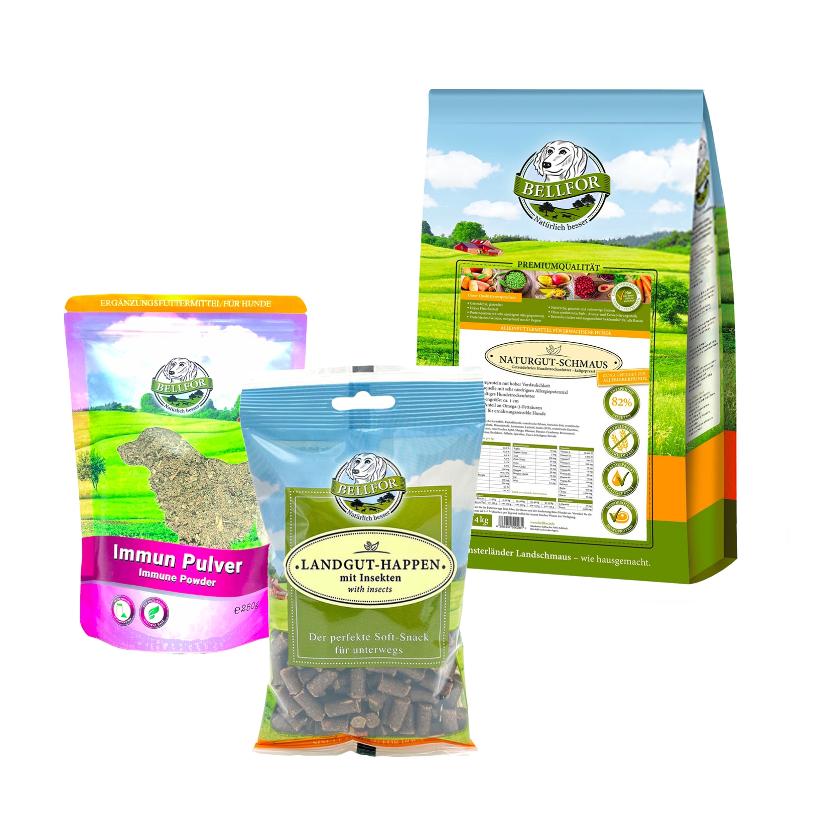 Spezielles Futterset von Bellfor für große Hunde mit Leishmaniose - Bellfor Naturgut-Schmaus 4 kg + Bellfor Landgut-Happen 200 g + Bellfor Immun 80 g