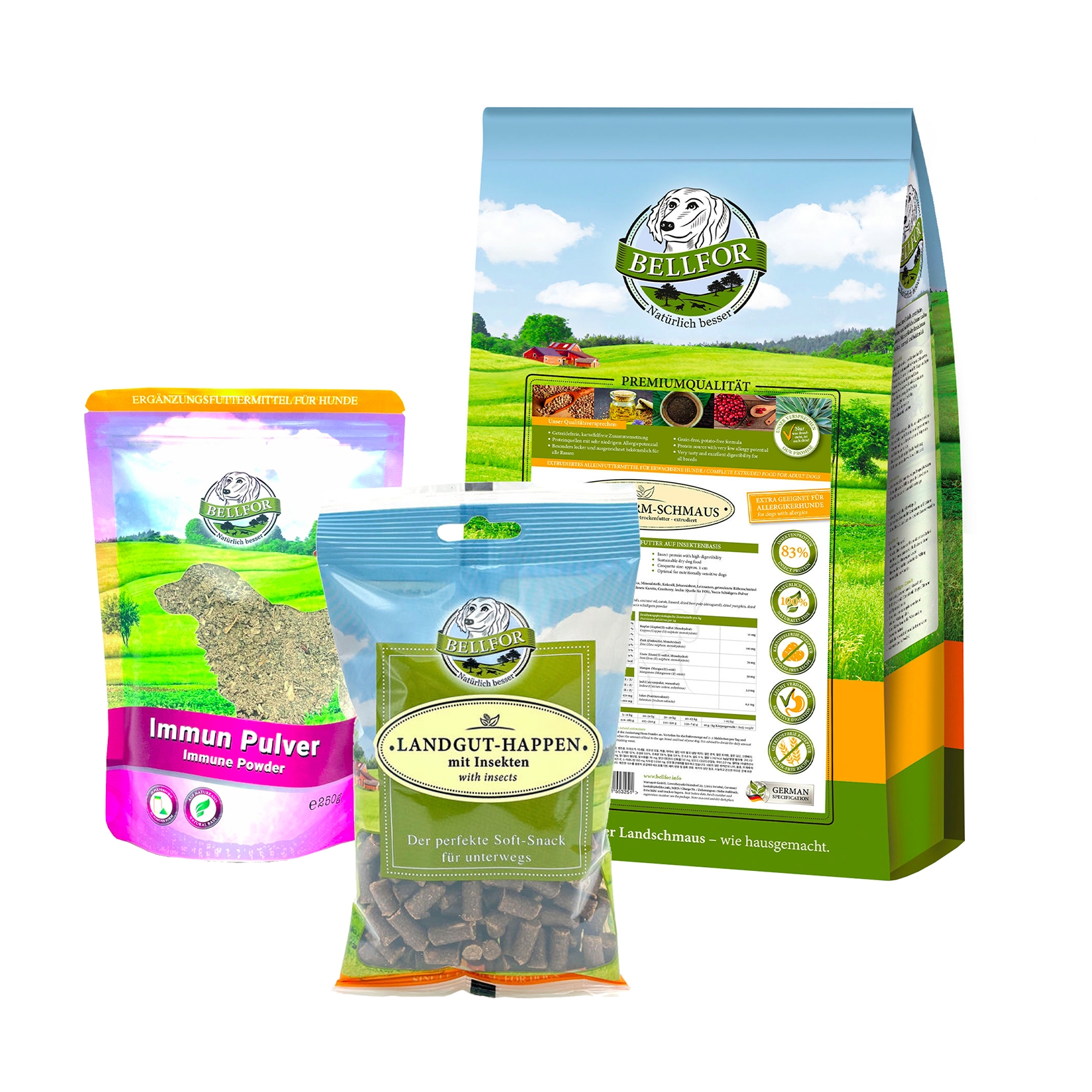 Sparset von Bellfor für mittelgroße Hunde mit Leishmaniose - Bellfor Naturfarm-Schmaus 2,5 kg + Bellfor Landgut-Happen 200 g + Bellfor Immun Pulver 80 g