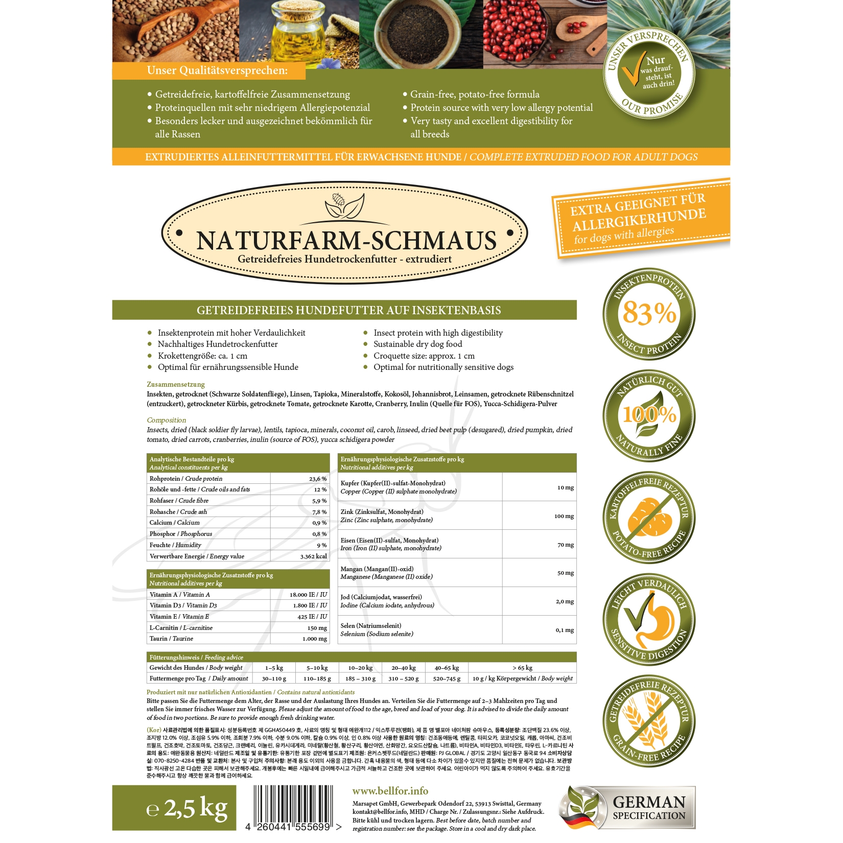 Sparset von Bellfor für mittelgroße Hunde mit Leishmaniose - Bellfor Naturfarm-Schmaus 2,5 kg + Bellfor Landgut-Happen 200 g + Bellfor Immun Pulver 80 g