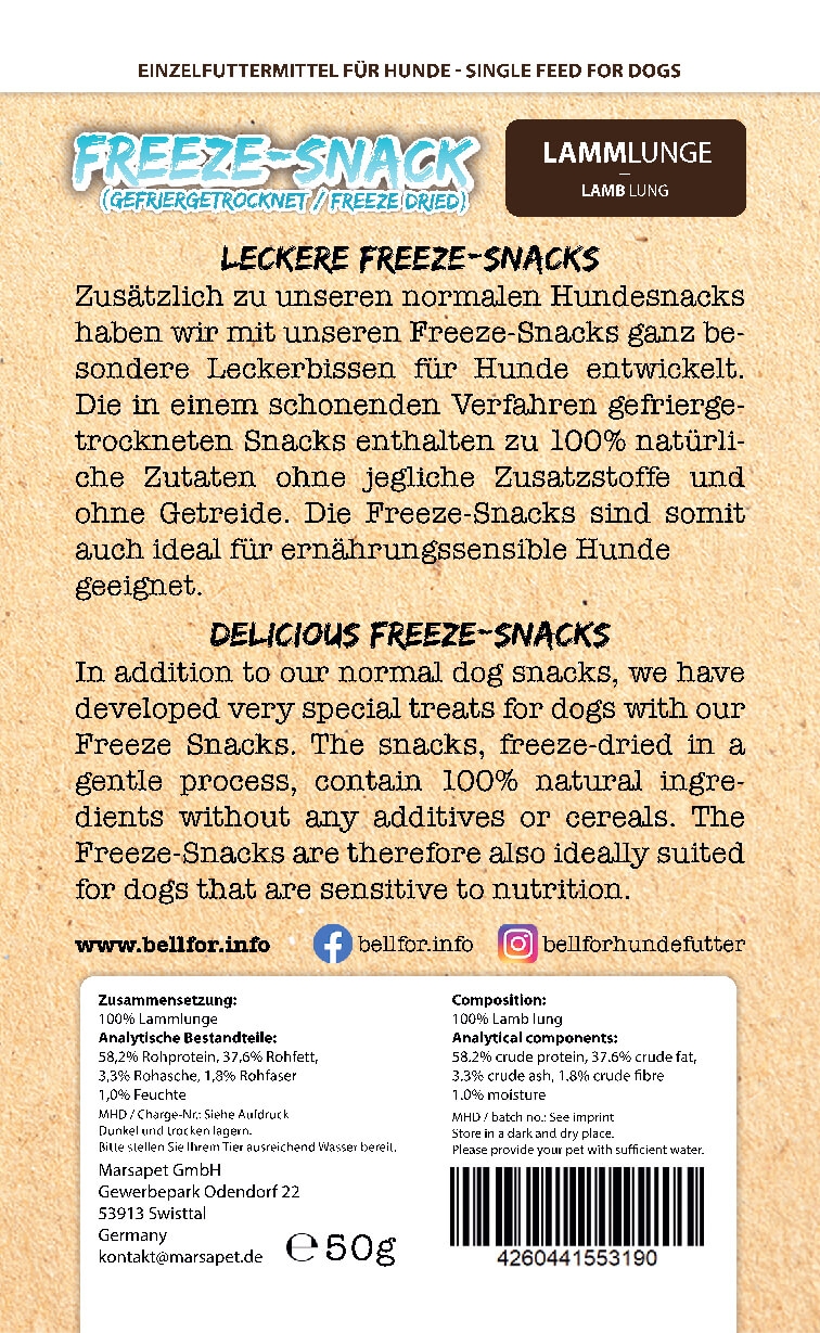 Freeze-Snack für Hunde - Lammlunge (gefriergetrocknet) - 50 g