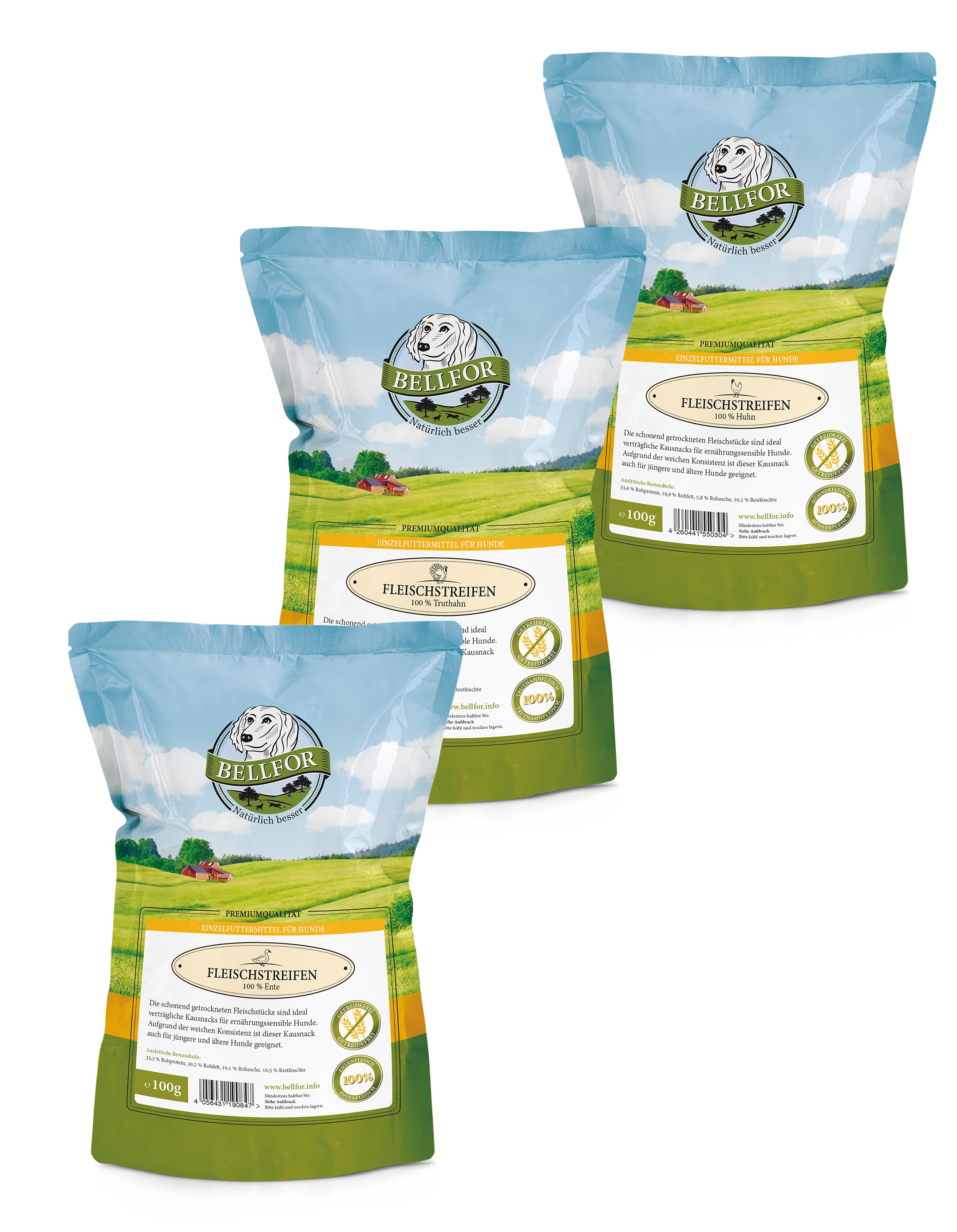 Sparset Nr. 1 - Trockenfleischstreifen Mix Huhn 100 g, Truthahn 100 g & Ente 100 g