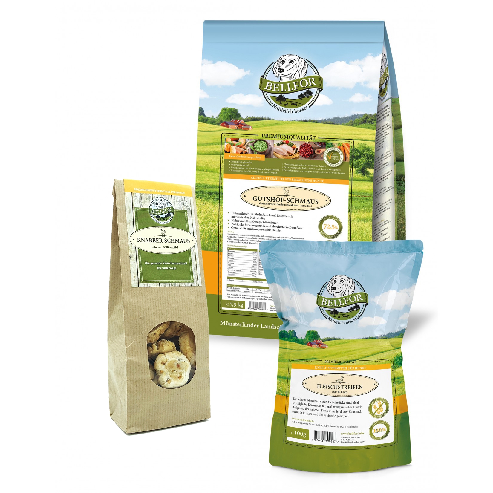 Sparset Nr. 4. Gutshof Schmaus 7,5 kg + Enten Fleischstreifen 100 g + Knabber Schmaus 100 g