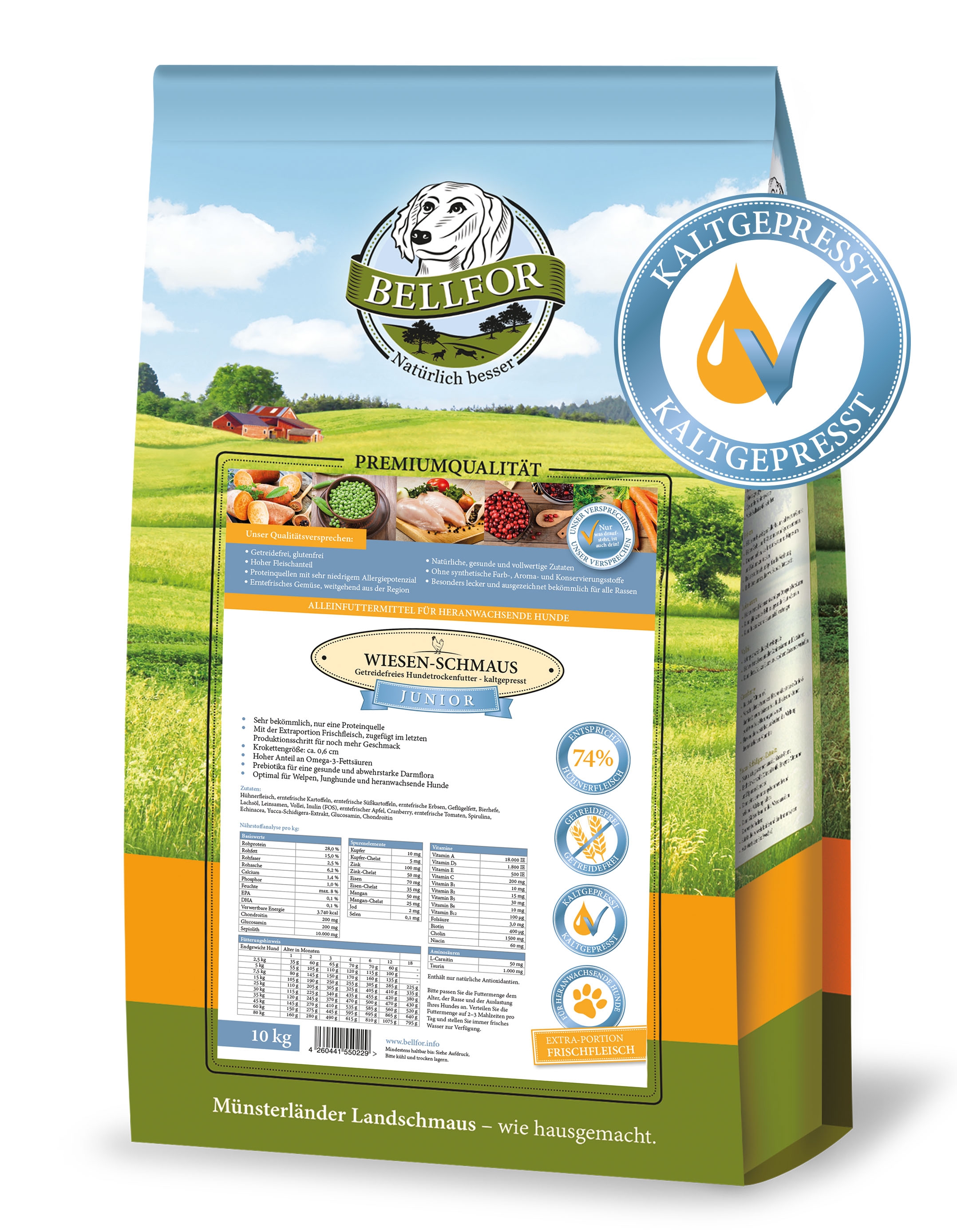 Kaltgepresst Trockenfutter für Welpen & Junge Hunde mit Huhn - Wiesen-Schmaus Junior - 10 kg