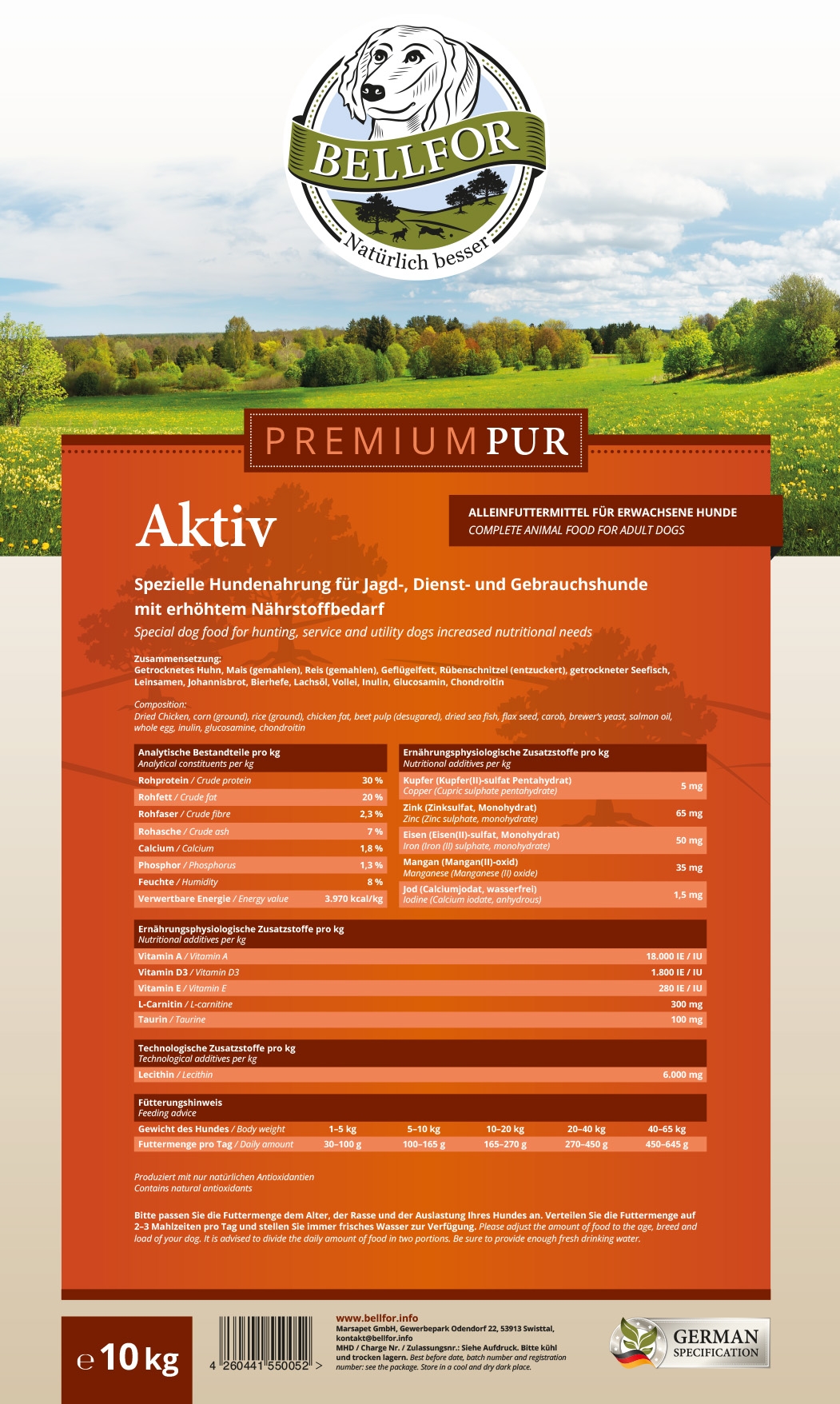 Glutenfrei Hundefutter aus Hühnerfleisch und Seefisch - PREMIUM PUR Aktiv - 10 kg