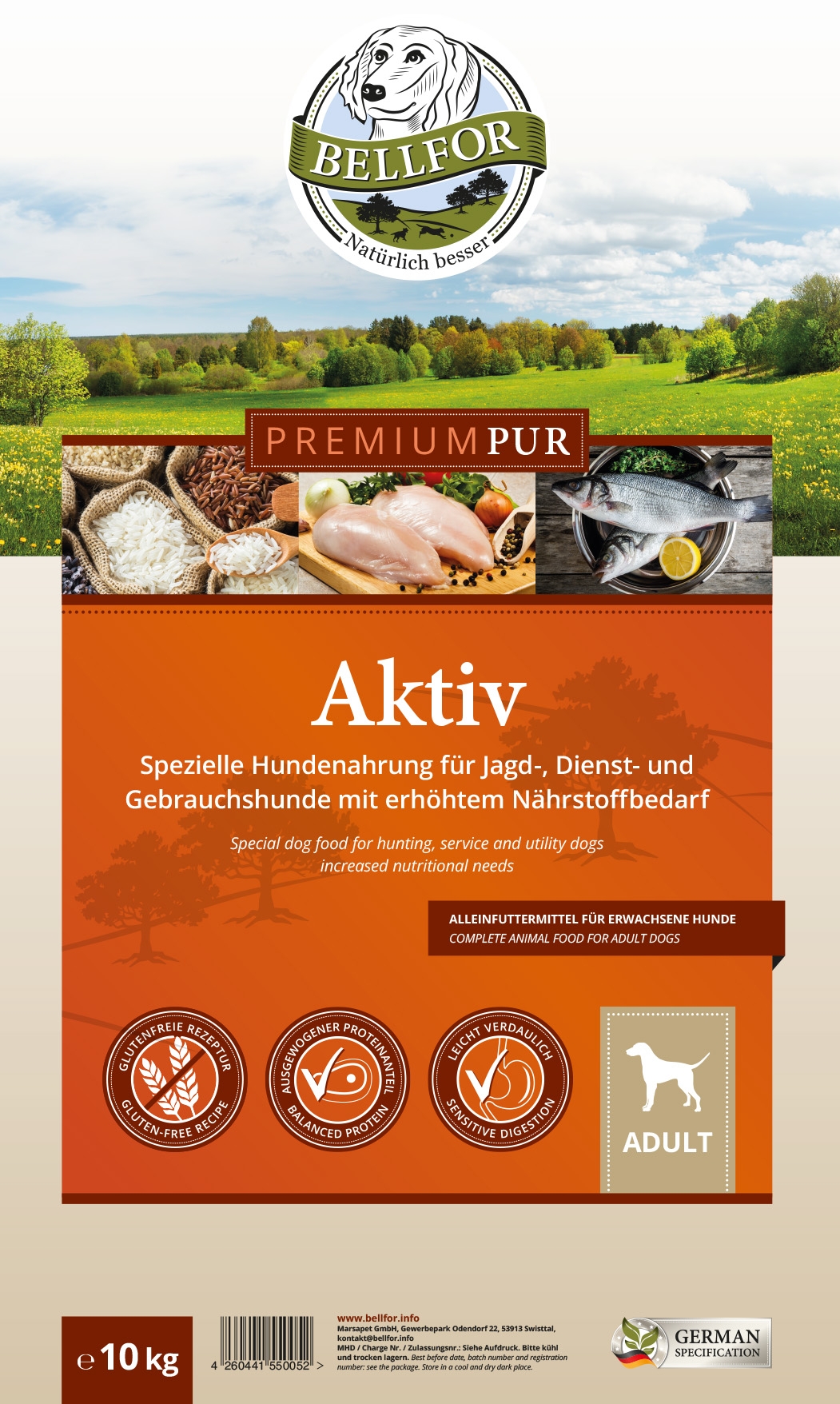 Glutenfrei Hundefutter aus Hühnerfleisch und Seefisch - PREMIUM PUR Aktiv - 10 kg