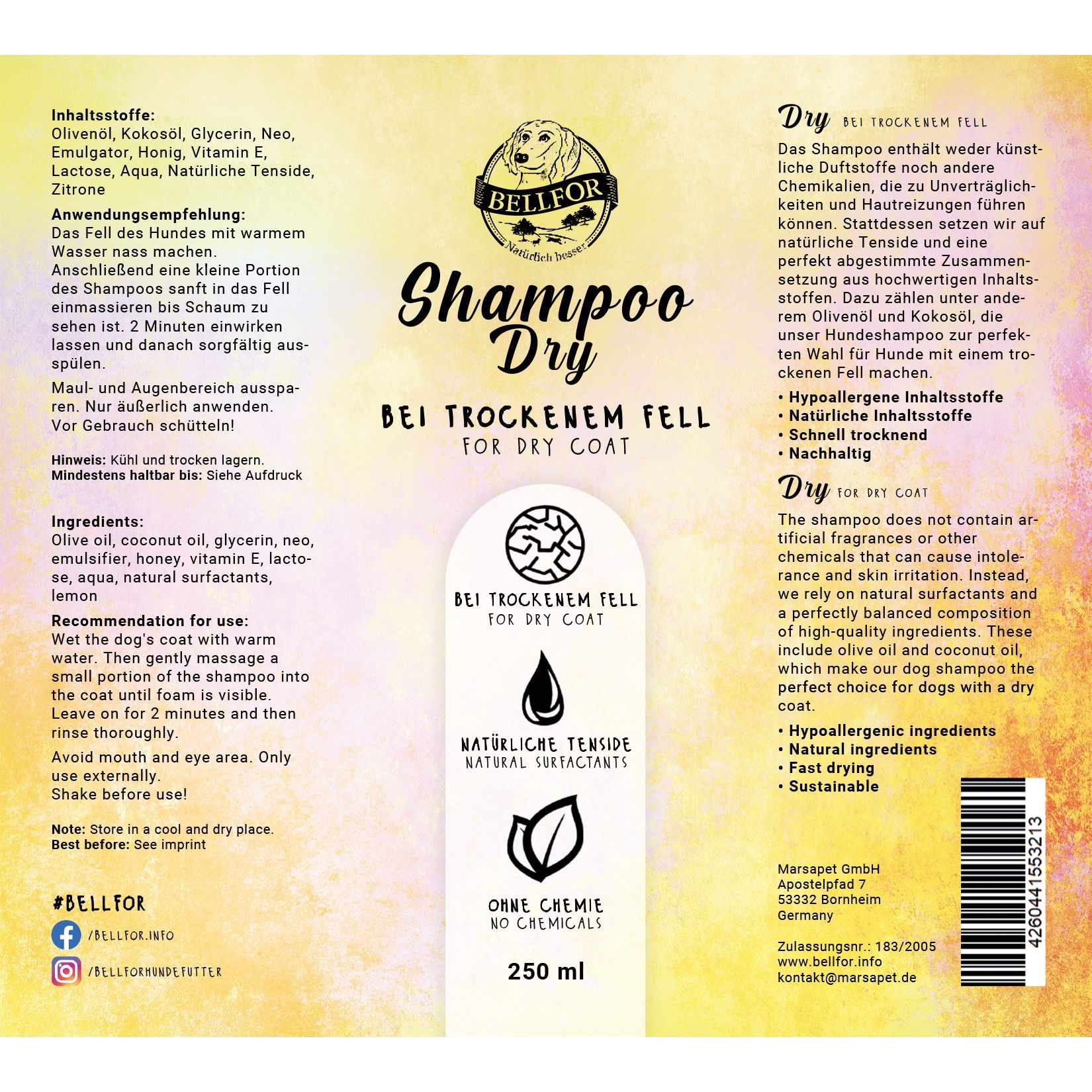 Fellpflege für Hunde - Hundeshampoo Dry bei trockenem Fell - 250ml