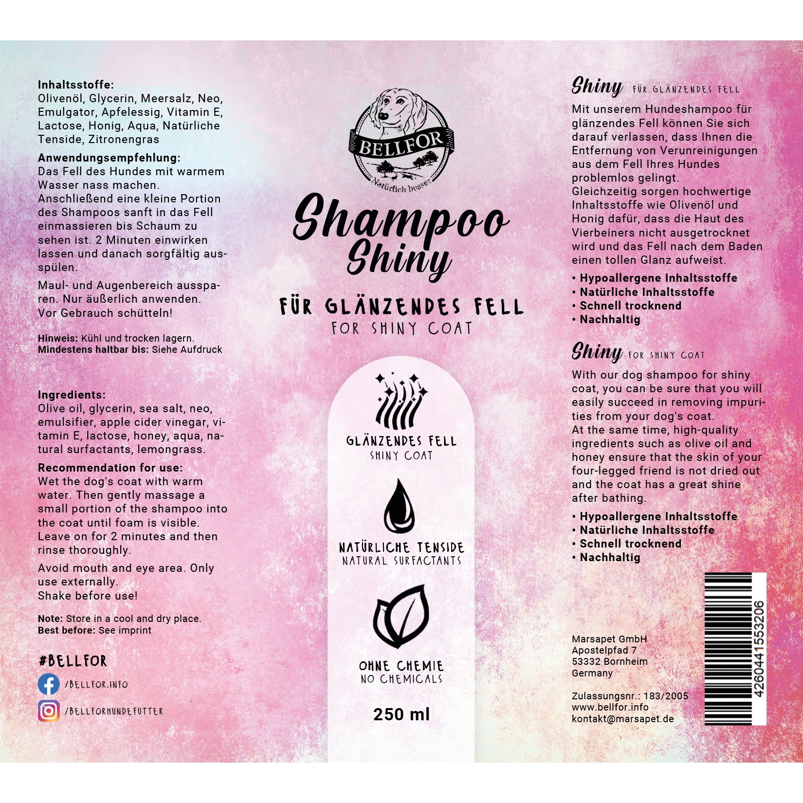 Fellpflege für Hunde - Hundeshampoo Shiny für glänzendes Fell - 250ml