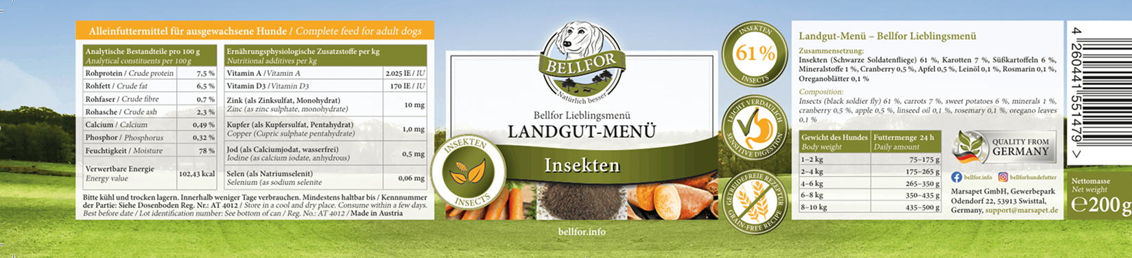 Hypoallergenes Hundefutter Nass mit Insekten - Landgut-Menü - 200 g