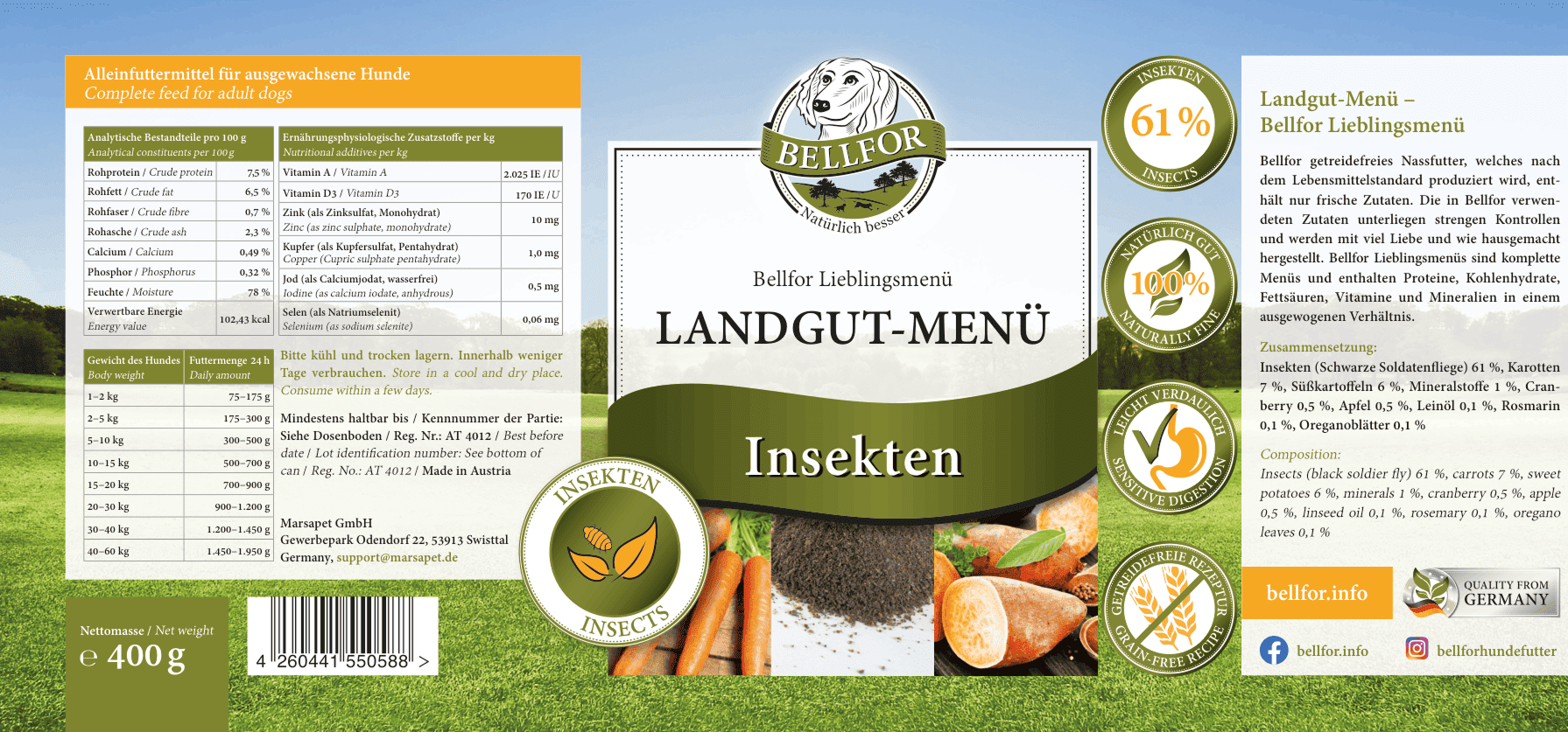 Bellfor Nassfutter auf Insektenbasis: Starter-Paket mit Landgut-Menü & Naturfarm-Menü (je 3 x 400 g)