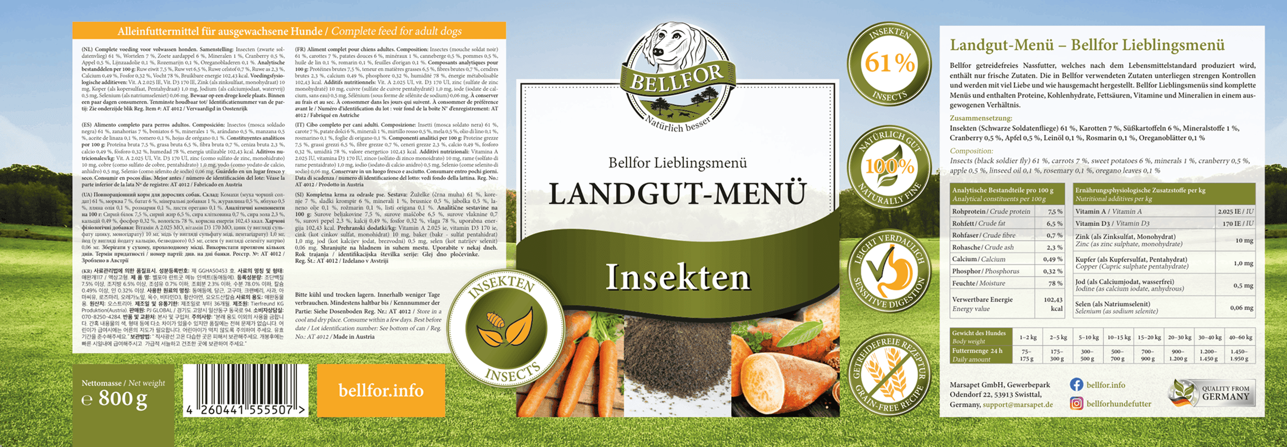 Hypoallergenes Hundefutter Nass mit Insekten getreidefrei - Landgut-Menü von Bellfor Hundefutter - 800 g
