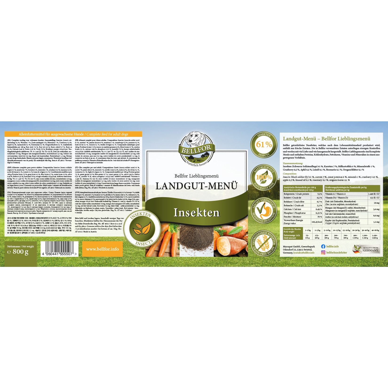 Hypoallergenes Hundefutter Nass mit Insekten getreidefrei - Landgut-Menü von Bellfor Hundefutter - 800 g