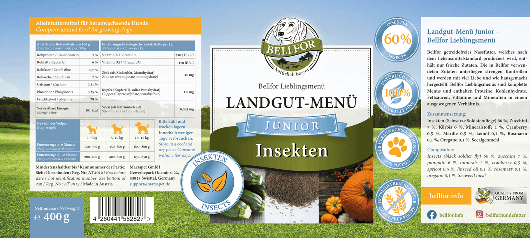 Welpenfutter im Sparset - Landgut-Menü Junior 6 x 400 g + Immun Junior 50 g + 1 Jutebeutel