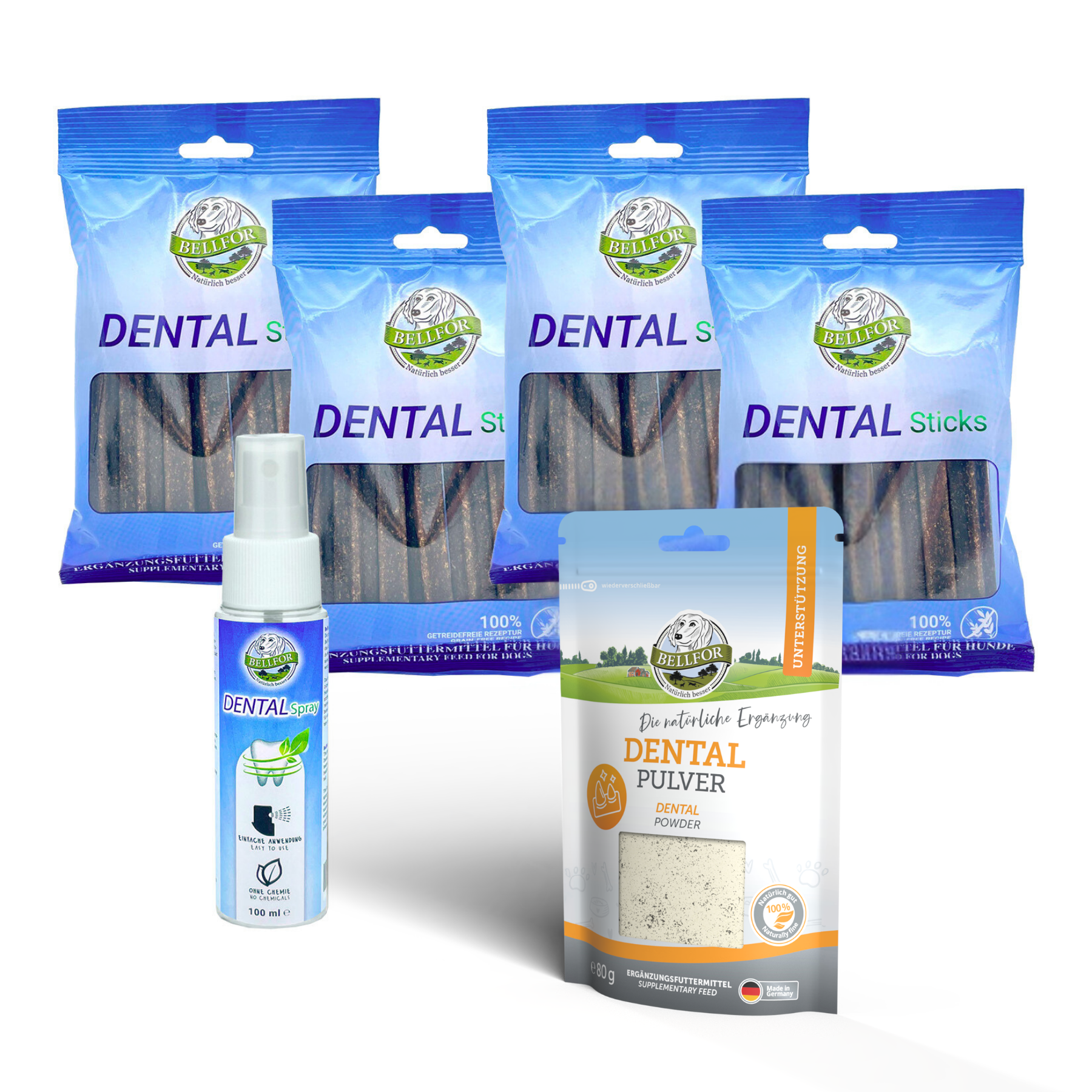 Sparset für eine optimale Zahnpflege beim Hund - Dental Pulver 80 g + Dental Sticks 4 x 100 g + Dental Spray 100 ml