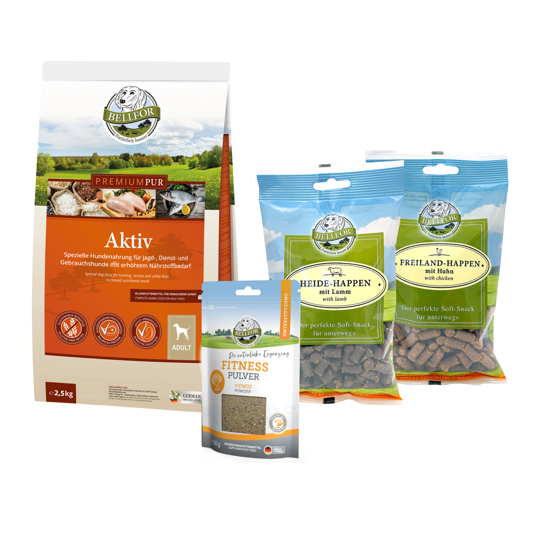 Futterset für körperlich aktive Hunde - Premium PUR Aktiv + Fitness Pulver + Soft-Snacks