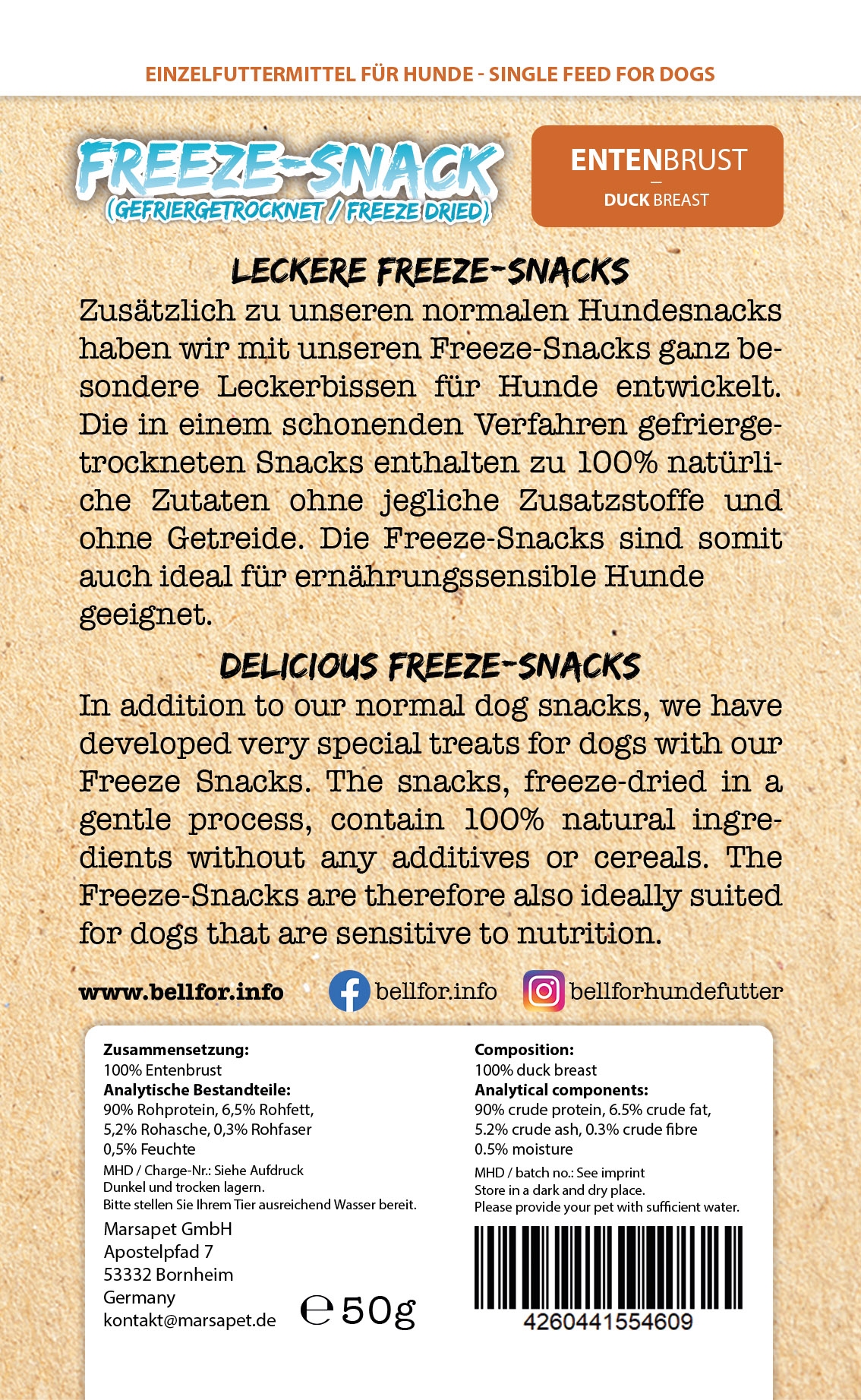 Freeze-Snack für Hunde - Entenbrust (gefriergetrocknet) - 50 g