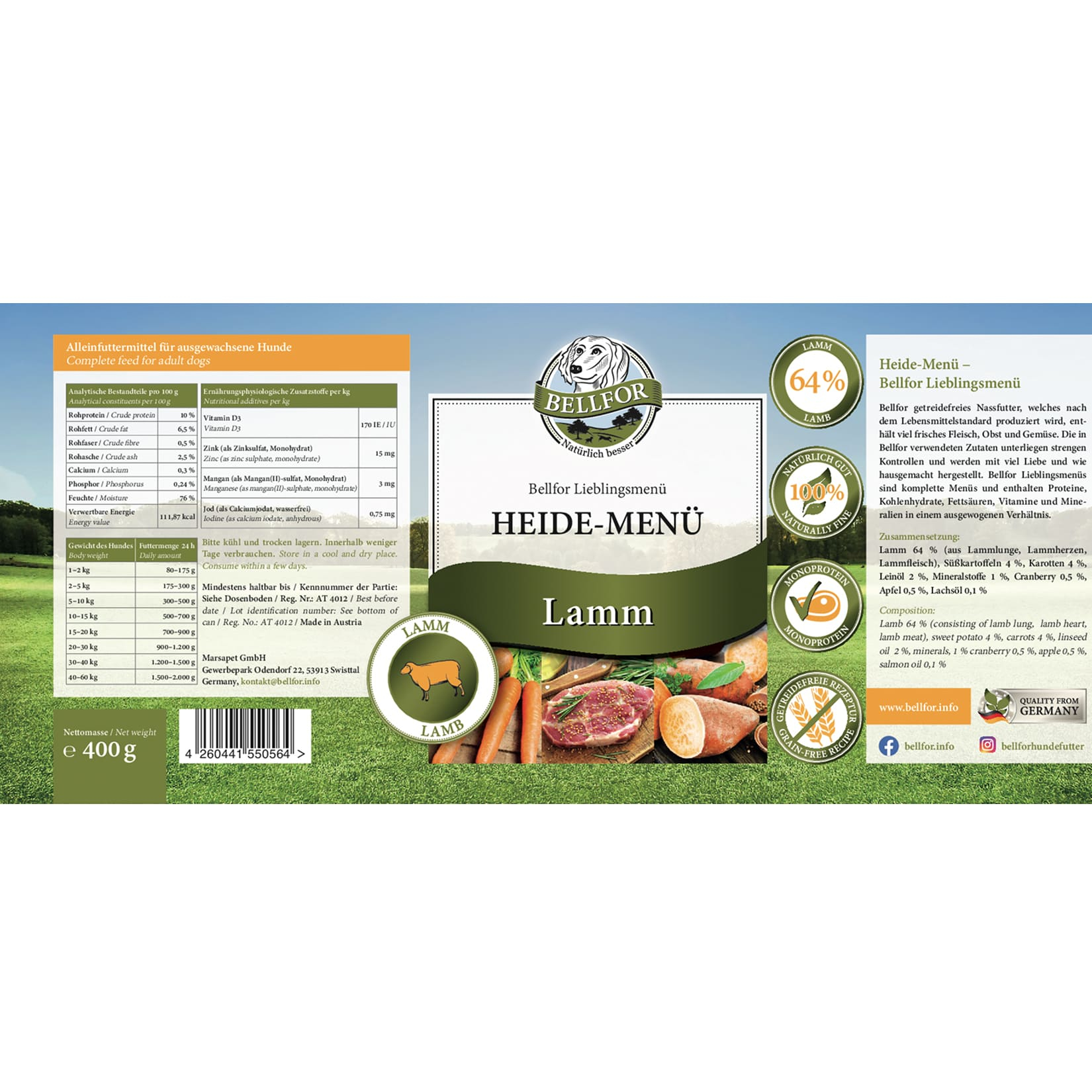 Starter-Paket Hundefutter Nass mit Huhn, Lamm und Insekten - Freiland-Menü 2 x 400 g + Heide-Menü 2 x 400 g + Landgut-Menü 2 x 400 g