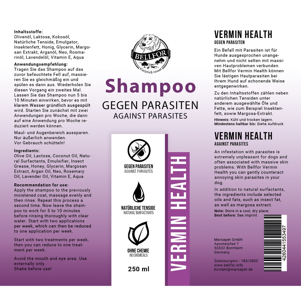 Hundeshampoo Vermin Health - gegen Hautparasiten beim Hund - 250ml