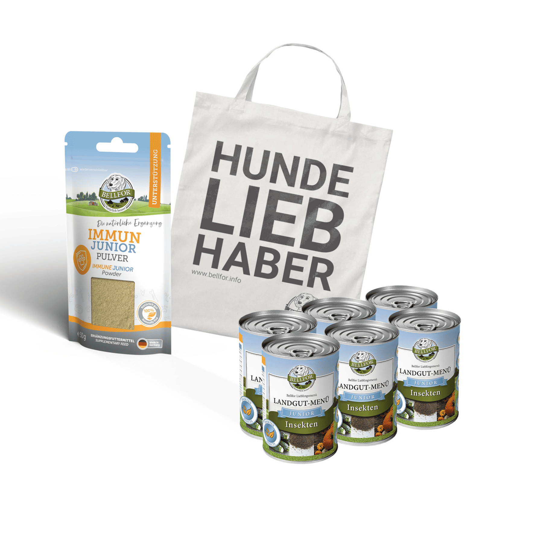 Welpenfutter im Sparset - Landgut-Menü Junior 6 x 400 g + Immun Junior 50 g + 1 Jutebeutel
