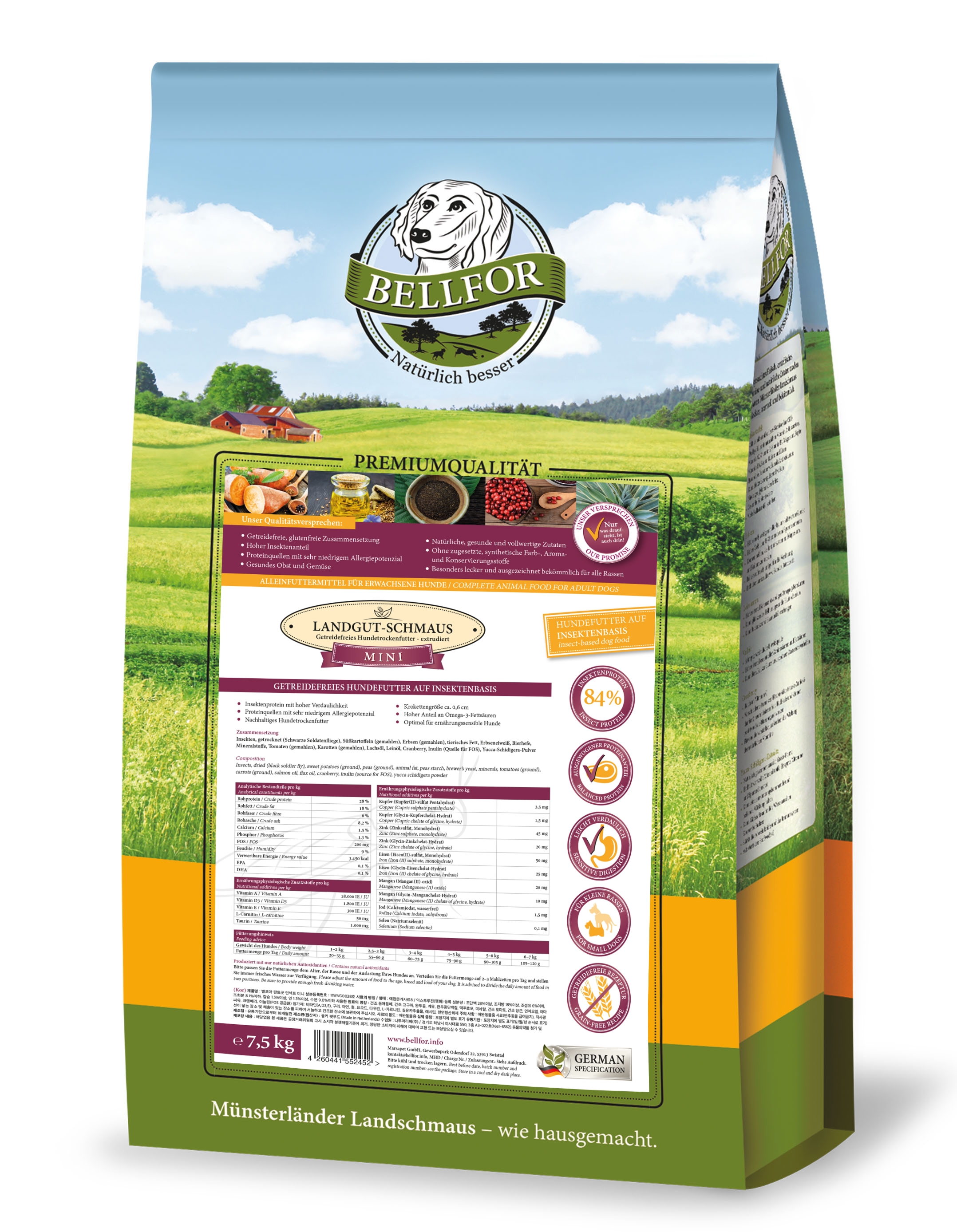 Hypoallergenes Trockenfutter mit Insektenprotein - Landgut-Schmaus Mini - 7,5 kg
