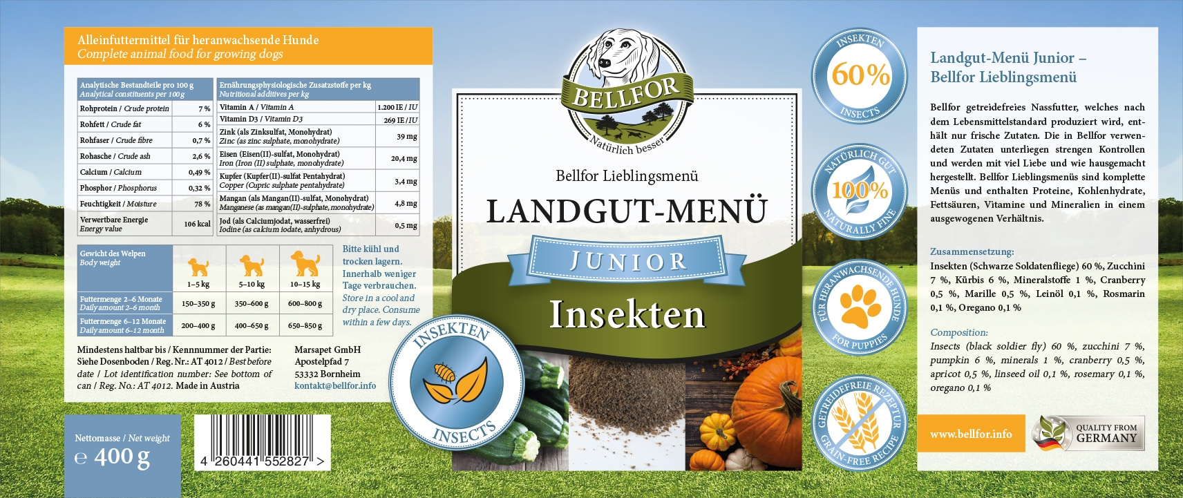 Hypoallergenes Hundefutter Nass mit Insekten für Welpen - Landgut-Menü Junior - 6 x 400 g