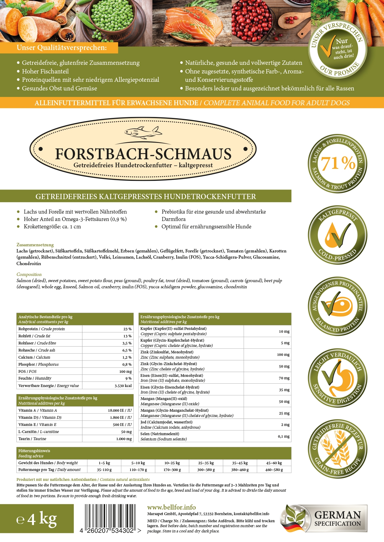 Kaltgepresst Trockenfutter mit Lachs & Forelle - Forstbach-Schmaus - 4 kg