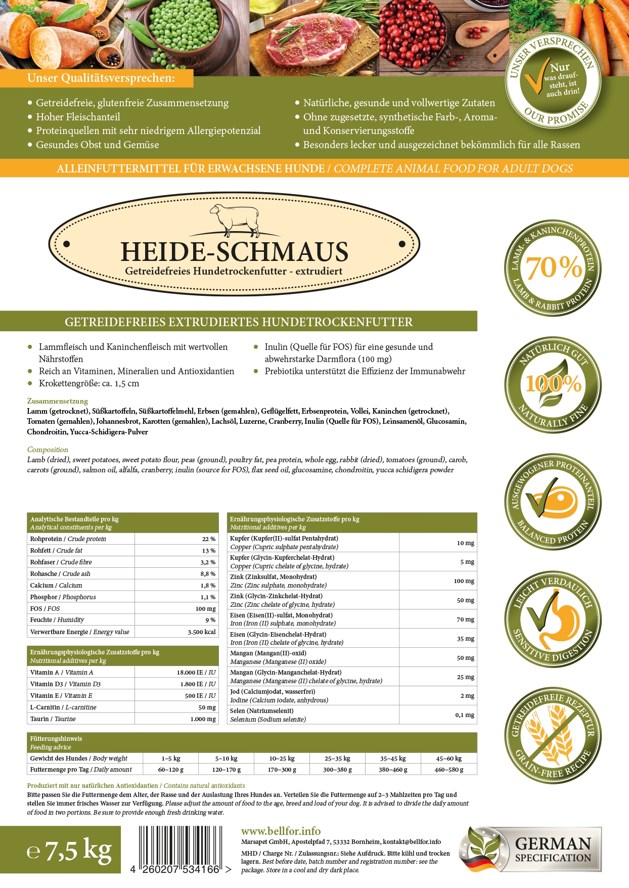 Trockenfutter mit Weidelamm & Wildkaninchenfleisch - Heide-Schmaus - 7,5 kg
