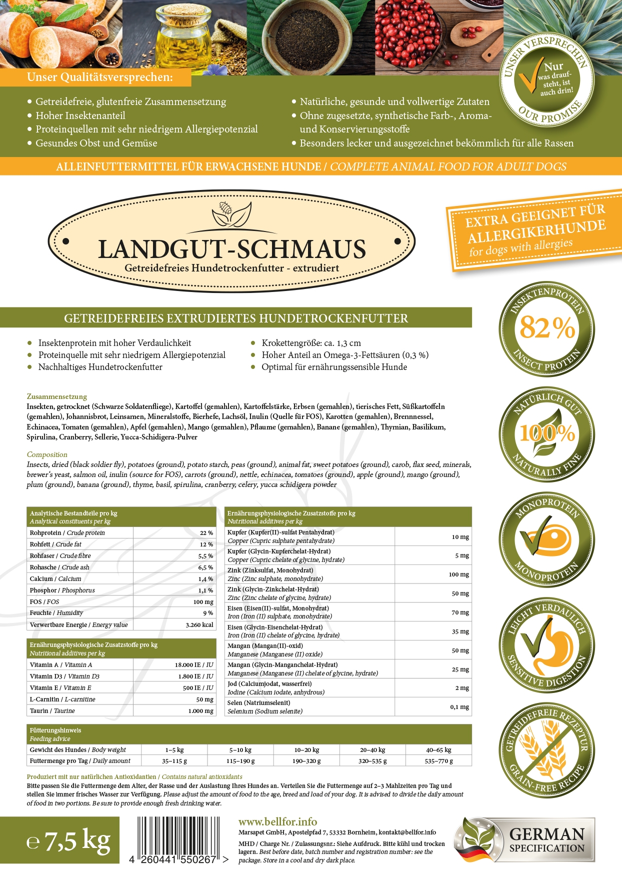 Hypoallergenes Trockenfutter mit Insekten - Landgut-Schmaus - 7,5 kg