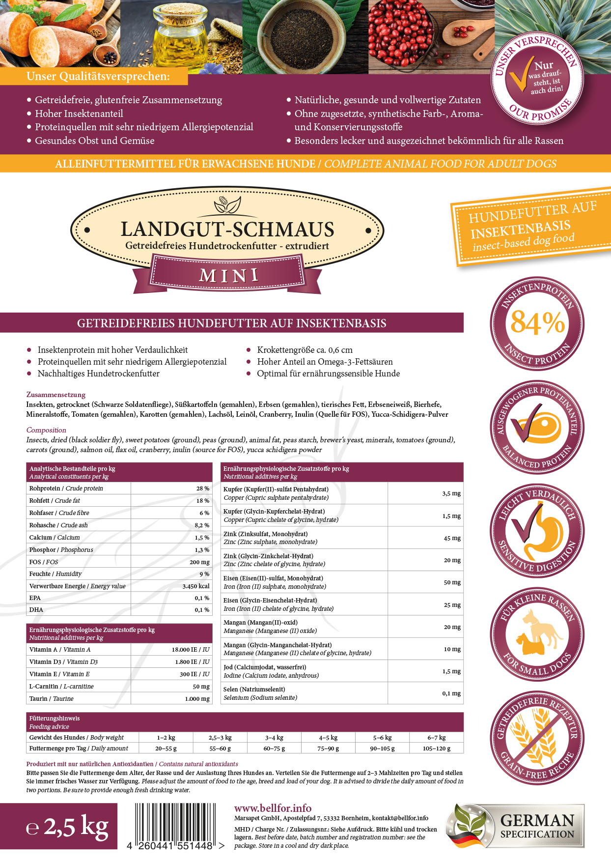 Hypoallergenes Trockenfutter mit Insektenprotein - Landgut-Schmaus Mini - 2,5 kg