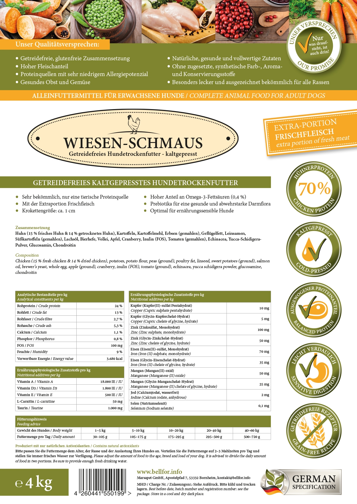 Deutsch Drahthaar Futter Set - Wiesen-Schmaus 4 kg + Dental Sticks 100 g + Haut & Fell Pulver 80 g + 1 Jutebeutel