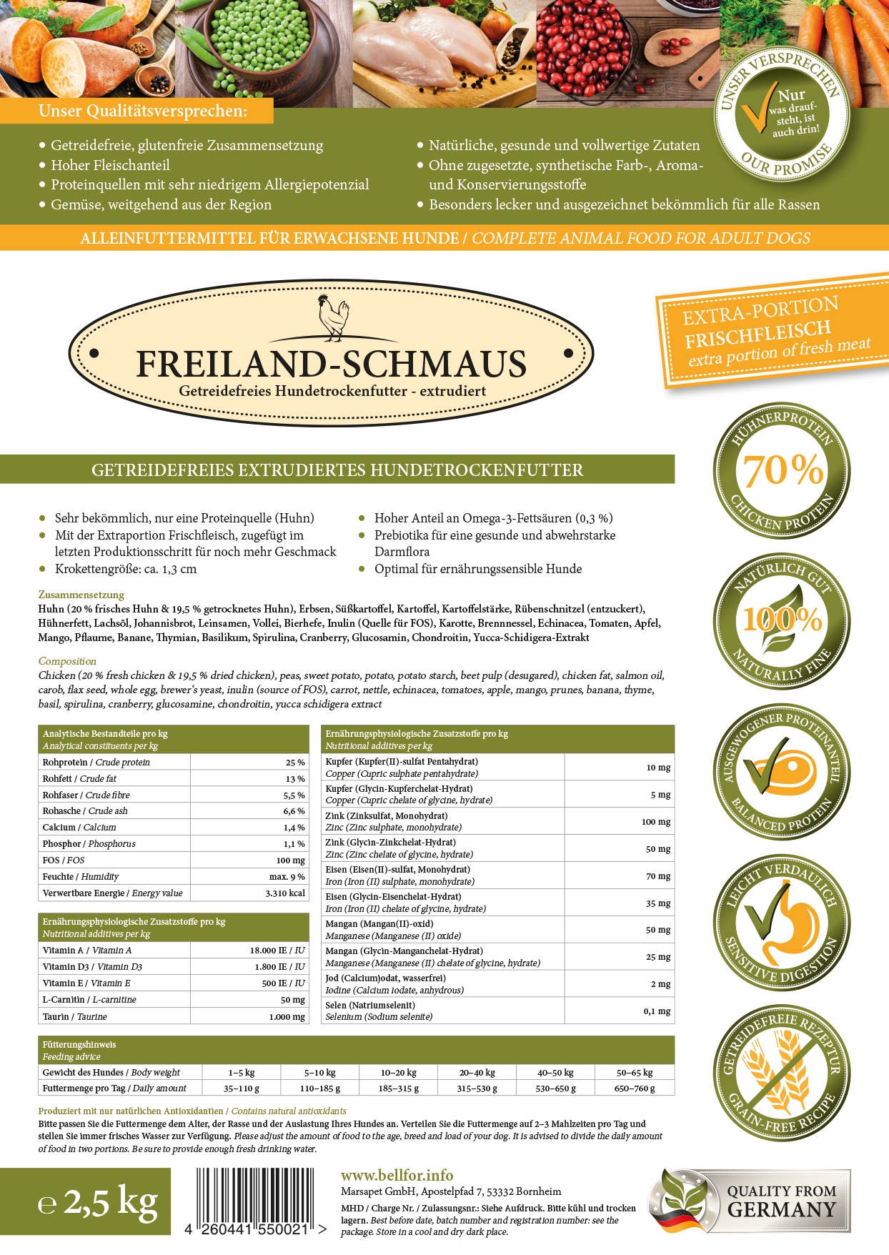 Cavalier Futter Set - Freiland-Schmaus 2,5 kg + Shiimun Skin 50 g + Fleischstreifen Huhn 100 g + 1 Jutebeutel