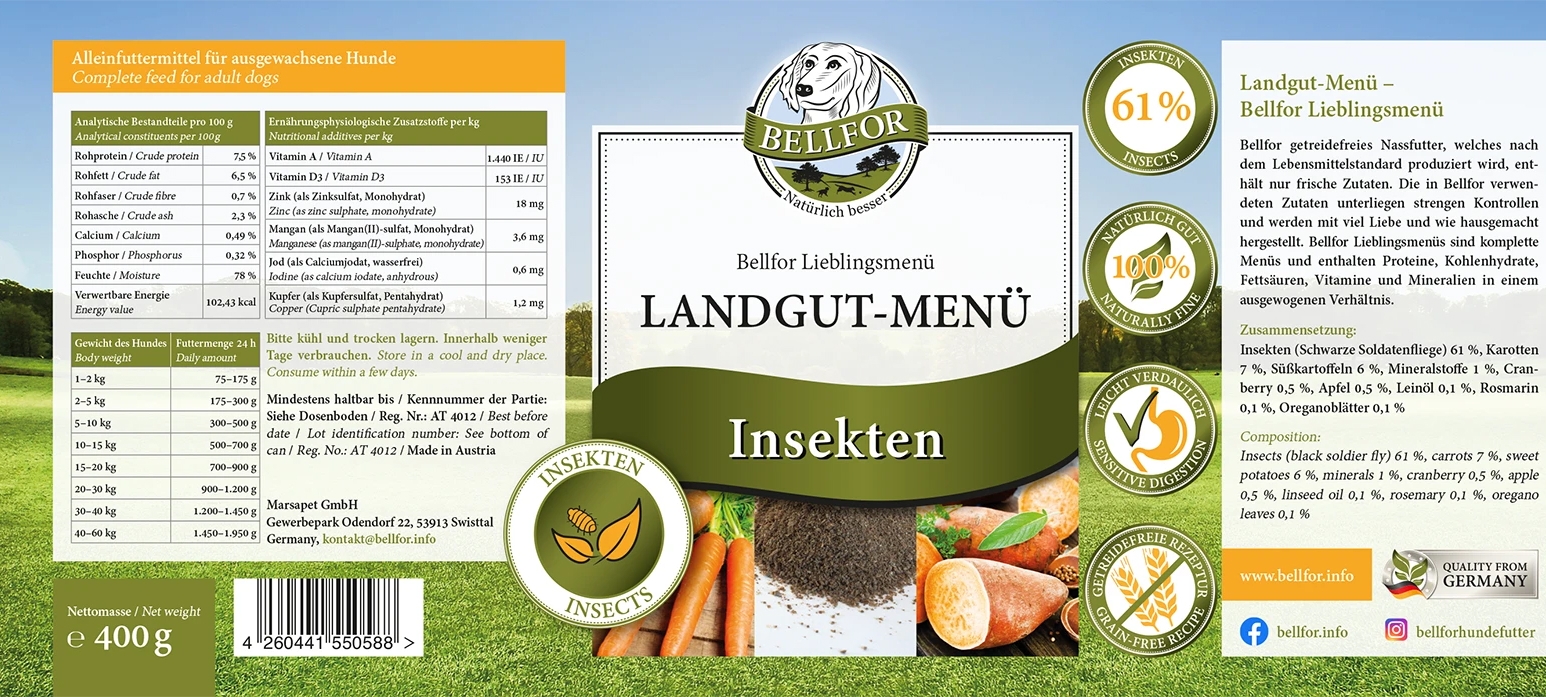Hypoallergenes Hundefutter Nass mit Insekten - Landgut-Menü - 400 g