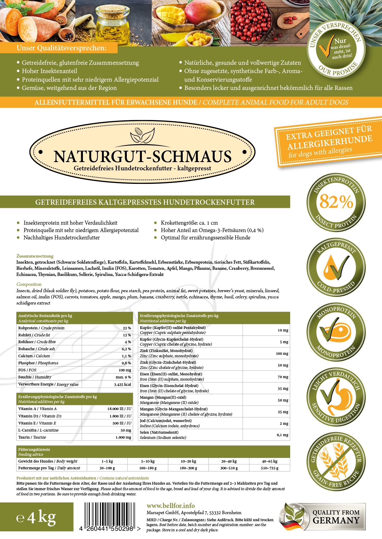 Irischer Wolfshund Futter Set - Naturgut-Schmaus 4 kg + Immun Pulver 80 g + Hirsch Lungenwürfel 200 g + 1 Jutebeutel