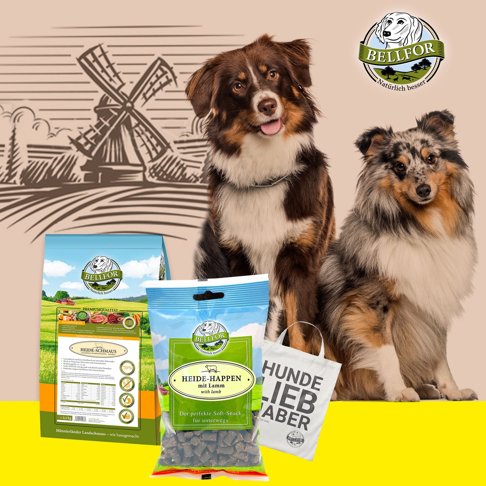 Australian Shepherd Futter Set - Heide-Schmaus 2,5 kg + Heide-Happen 200 g + 1 Jutebeutel