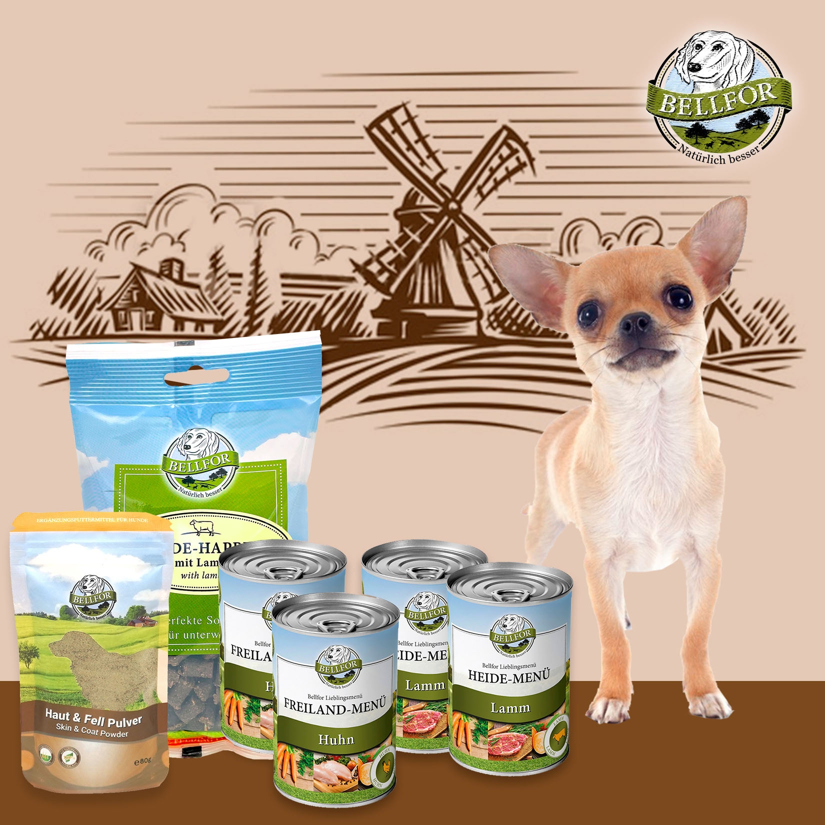 Chihuahua Futter Set - Freiland-Menü 2 x 400 g + Heide-Menü 2 x 400 g + Heide-Happen 200 g + Haut & Fell Pulver 80 g
