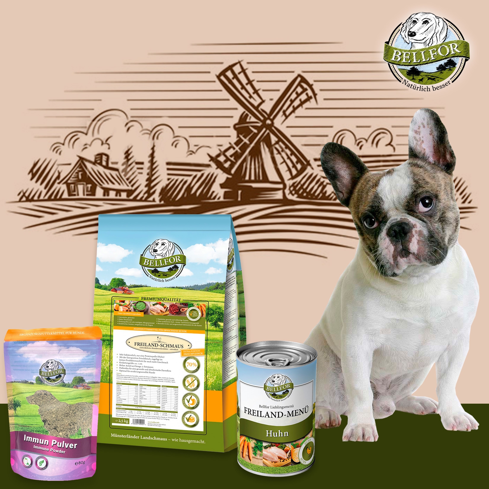 Französische Bulldogge Futter Set - Freiland-Schmaus 2,5 kg + Freiland-Menü 400 g + Immun Pulver 80 g