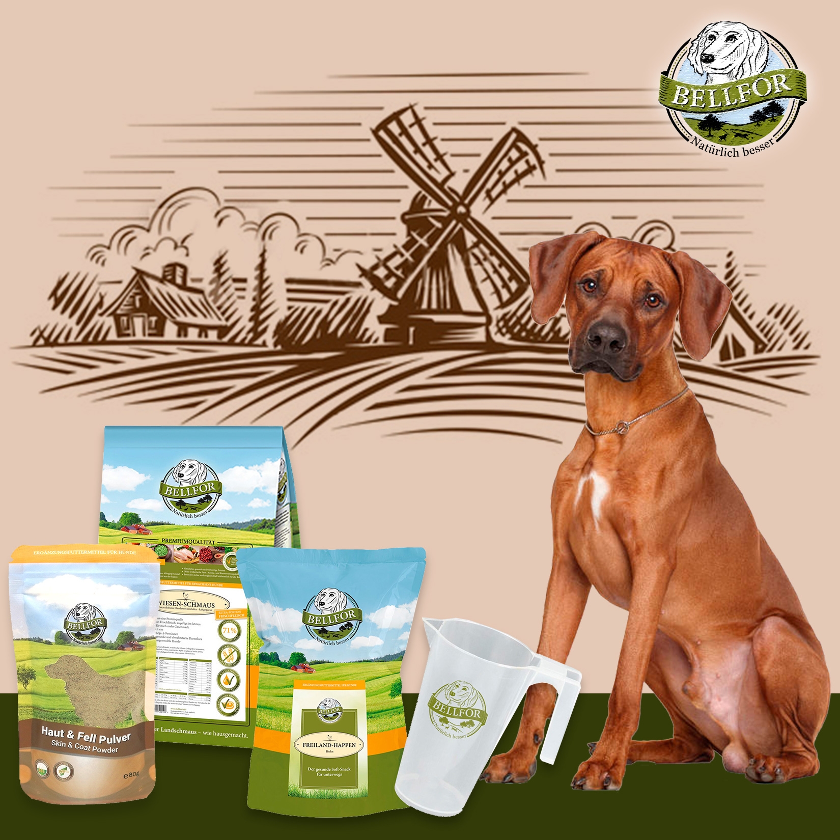 Rhodesian Ridgeback Futter Set  - Wiesen-Schmaus 4 kg + Haut & Fell Pulver 80 g + Freiland-Happen 200 g + 1 Messbecher - Super Preis!