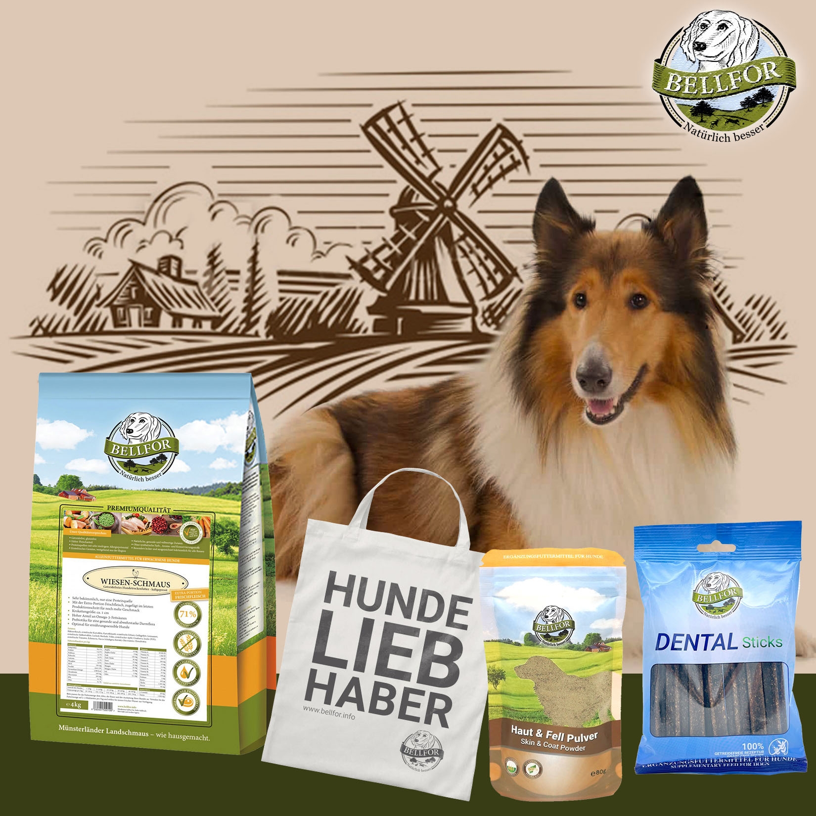 Collie Futter Set - Wiesen-Schmaus 4 kg + Dental Sticks 100 g + Haut & Fell Pulver 80 g + 1 Jutebeutel