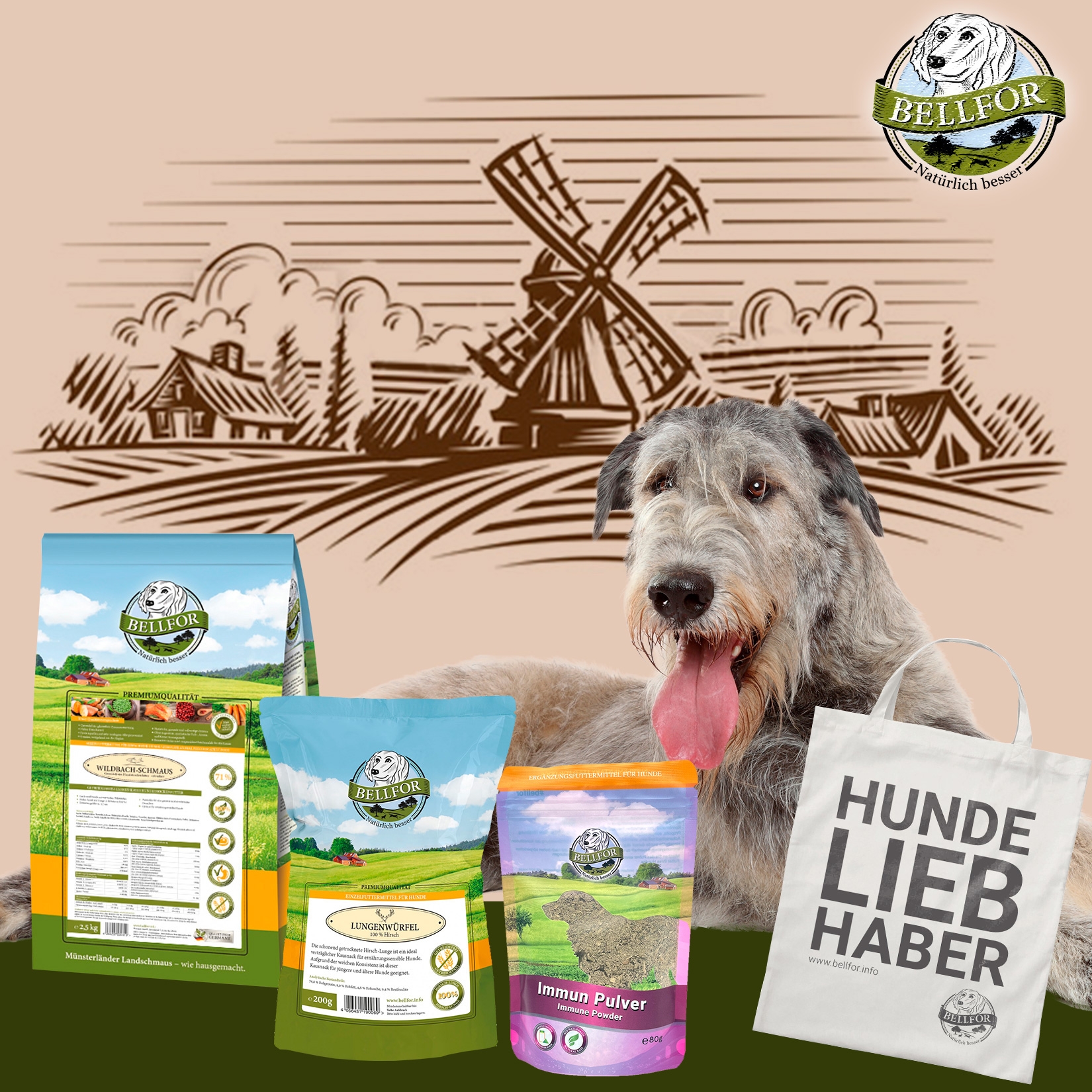 Irischer Wolfshund Futter Set - Naturgut-Schmaus 4 kg + Immun Pulver 80 g + Hirsch Lungenwürfel 200 g + 1 Jutebeutel