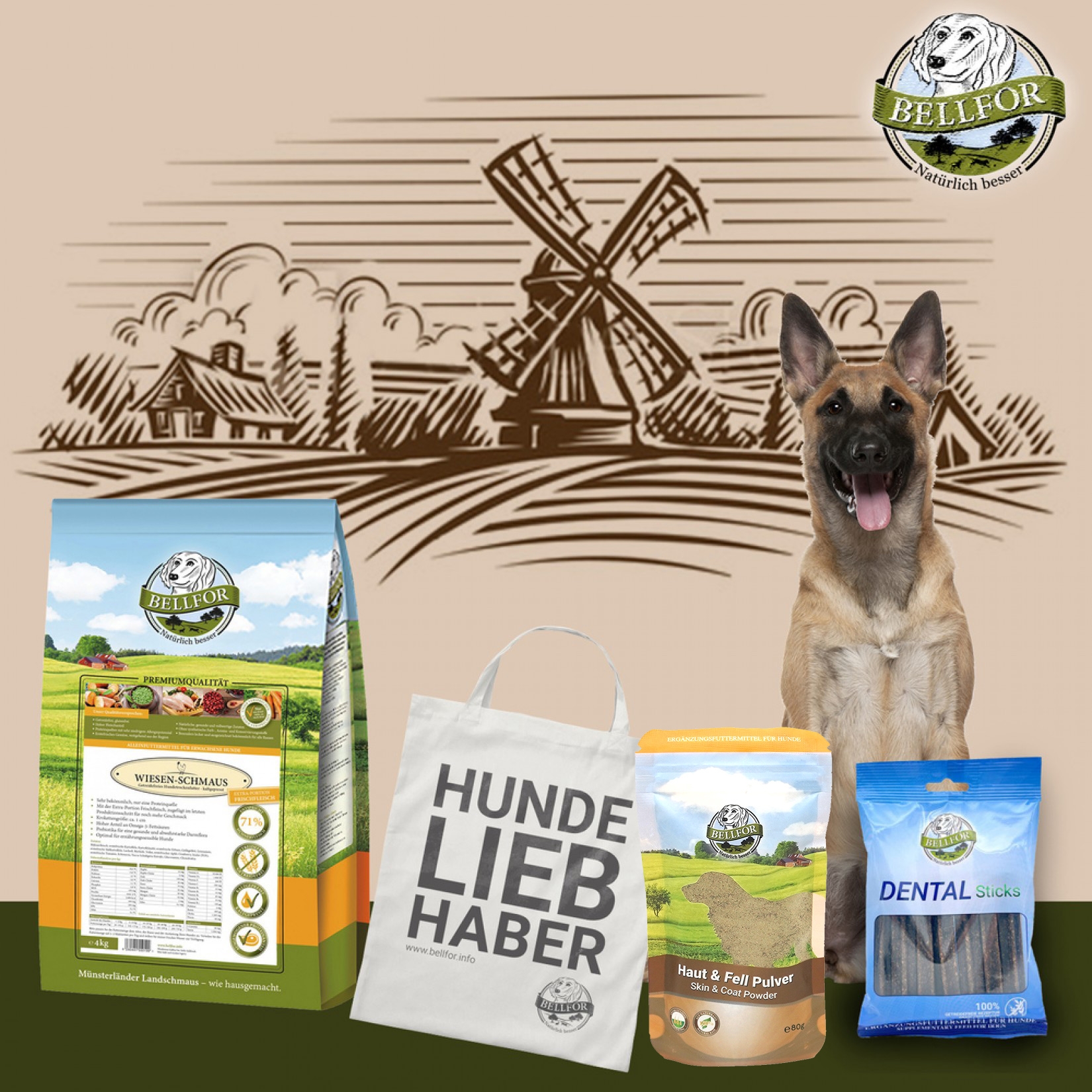 Malinois Futter Set - Wiesen-Schmaus 4 kg + Dental Sticks 100 g + Haut & Fell Pulver 80 g + 1 Jutebeutel