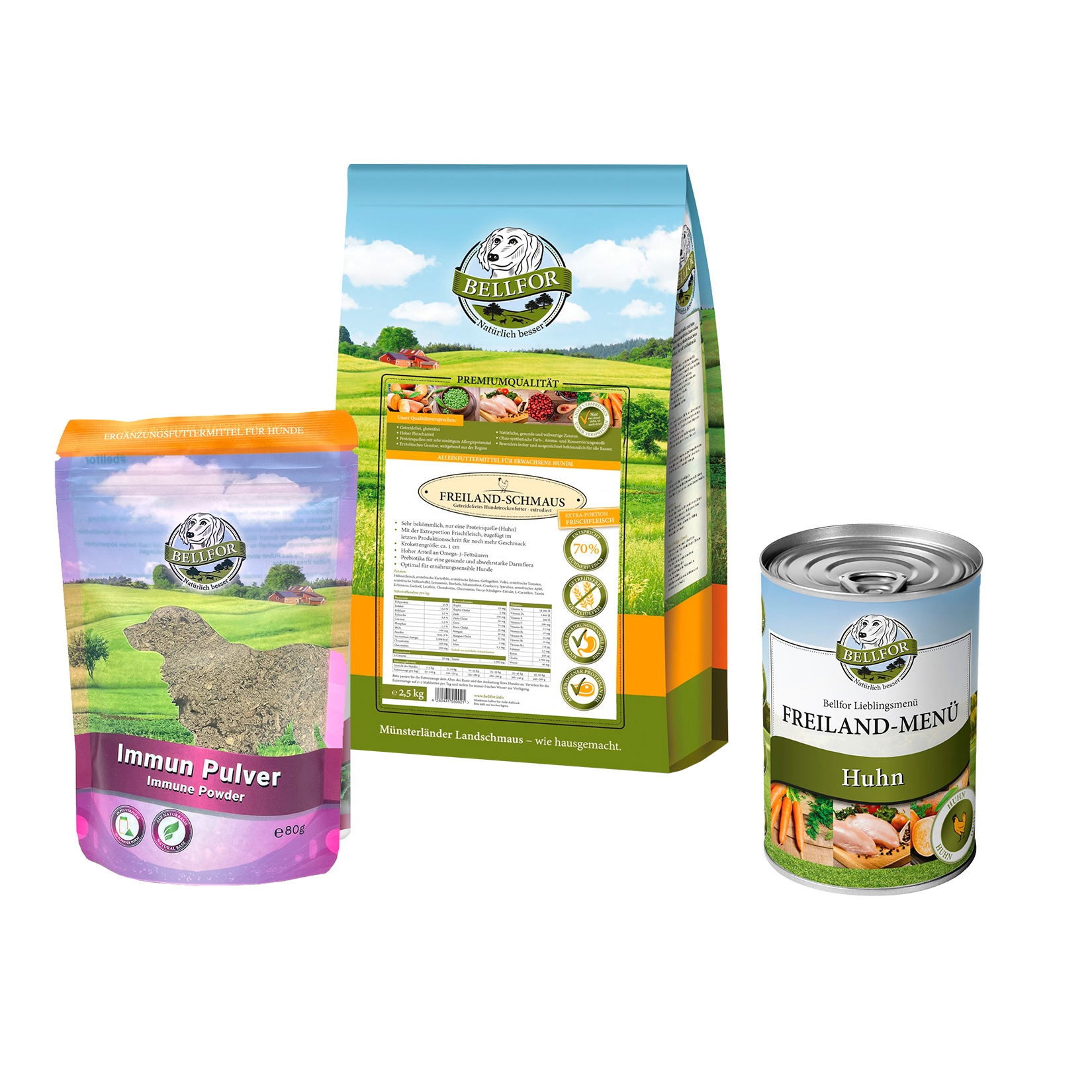 Französische Bulldogge Futter Set - Freiland-Schmaus 2,5 kg + Freiland-Menü 400 g + Immun Pulver 80 g