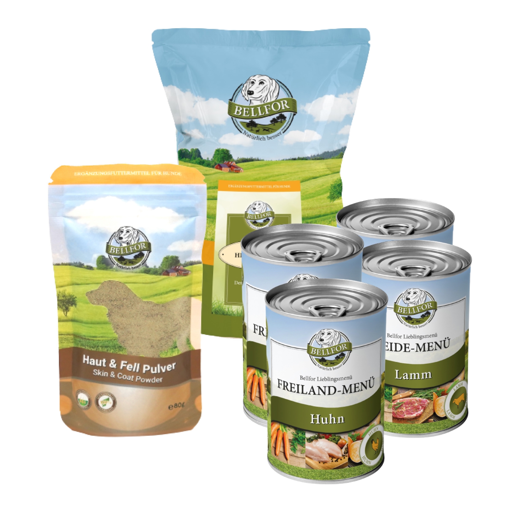 Mops Futter Set - Freiland-Menü 2 x 400 g + Heide-Menü 2 x 400 g + Heide-Happen 200 g + Haut & Fell Pulver 80 g